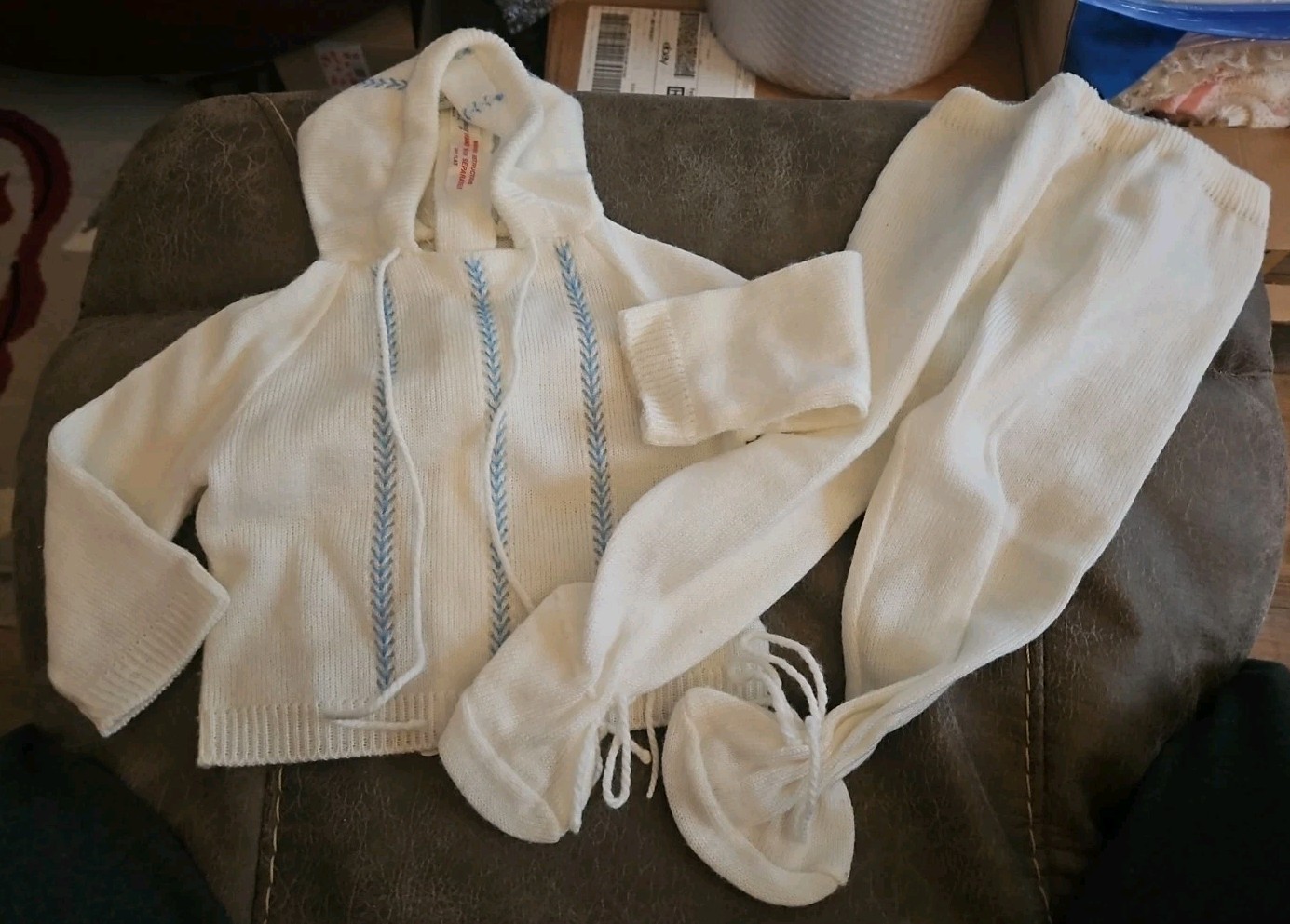Baby Boy Sweater & Pants Set Knit Marshall Fields Spain White Blue Newborn-3 Mos