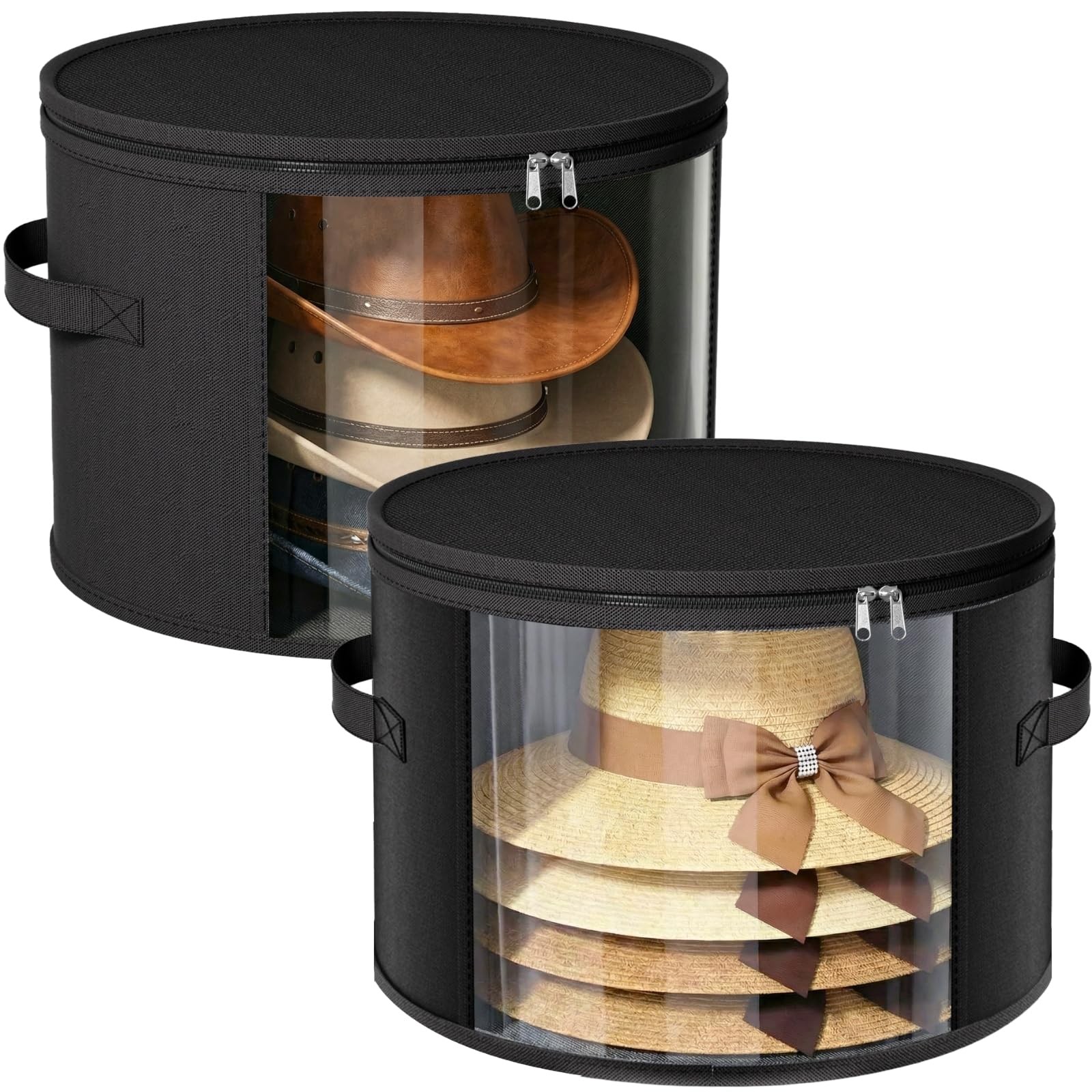 2 PCS Large Clear Hat Storage Boxes Foldable Sturdy Box Handles Black