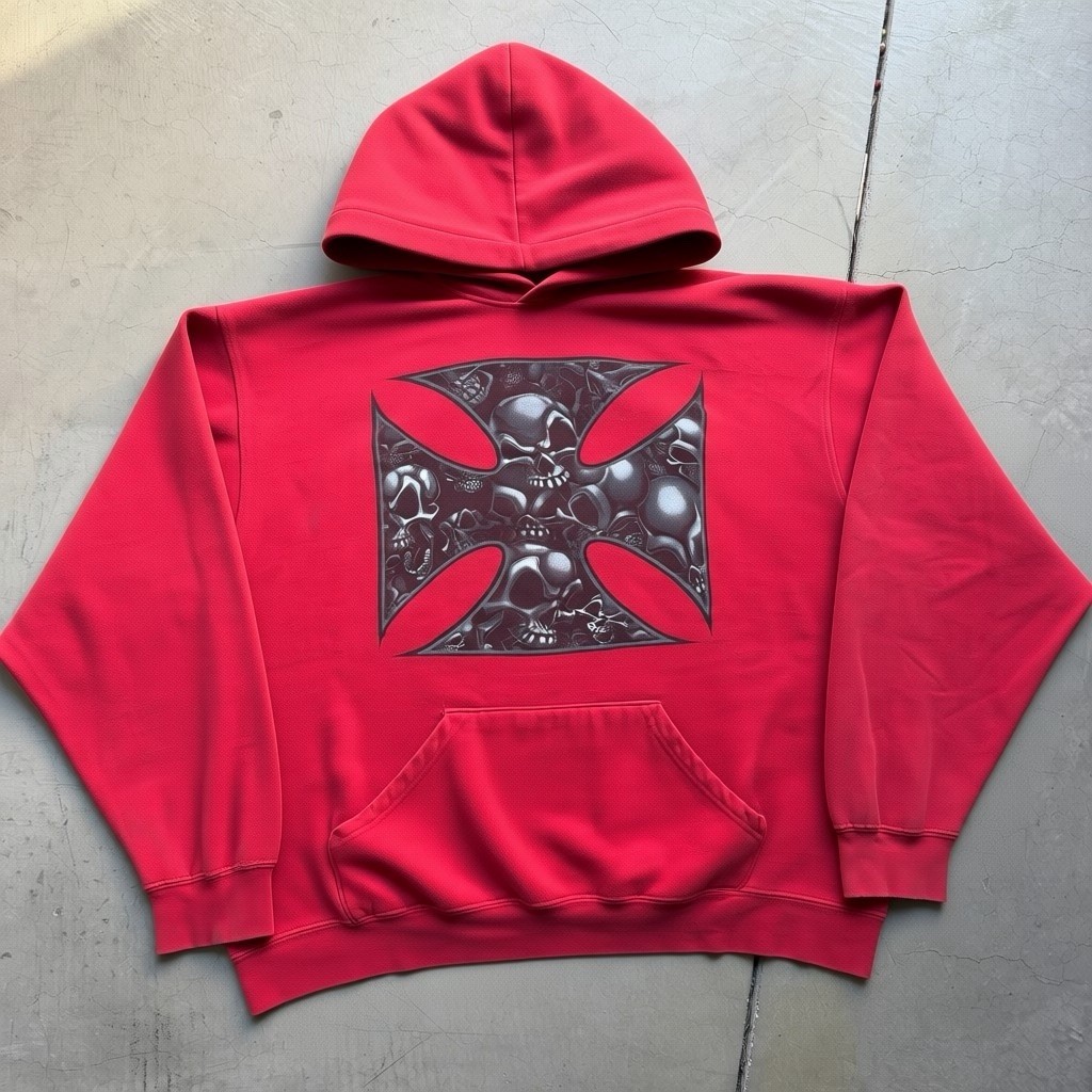 Vintage ODM Skull Hoodie Skateboarding Size XL Red Distressed Y2K 90s