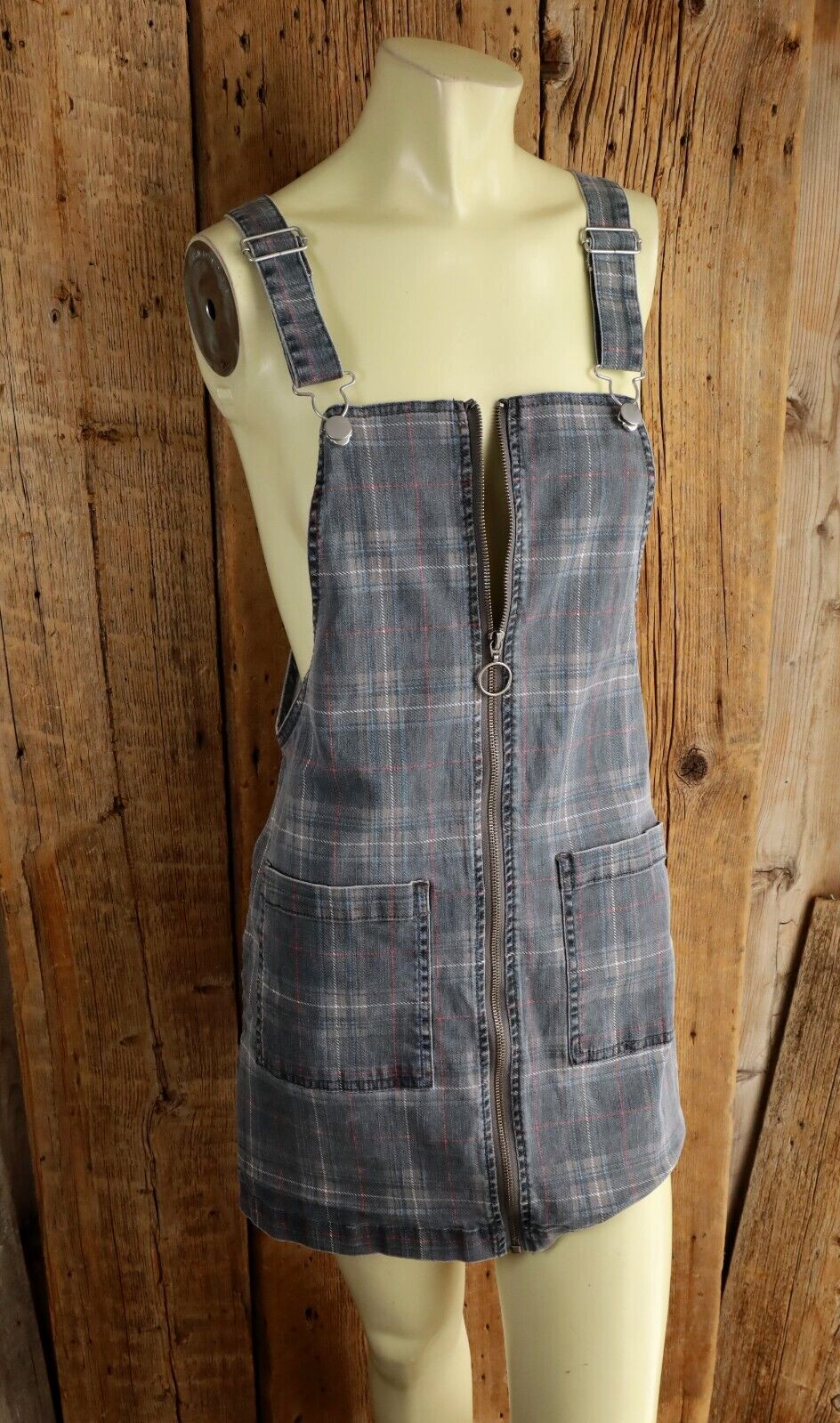 Vintage Tinsel Town Gray Plaid Overall Jumper Dress Size Small