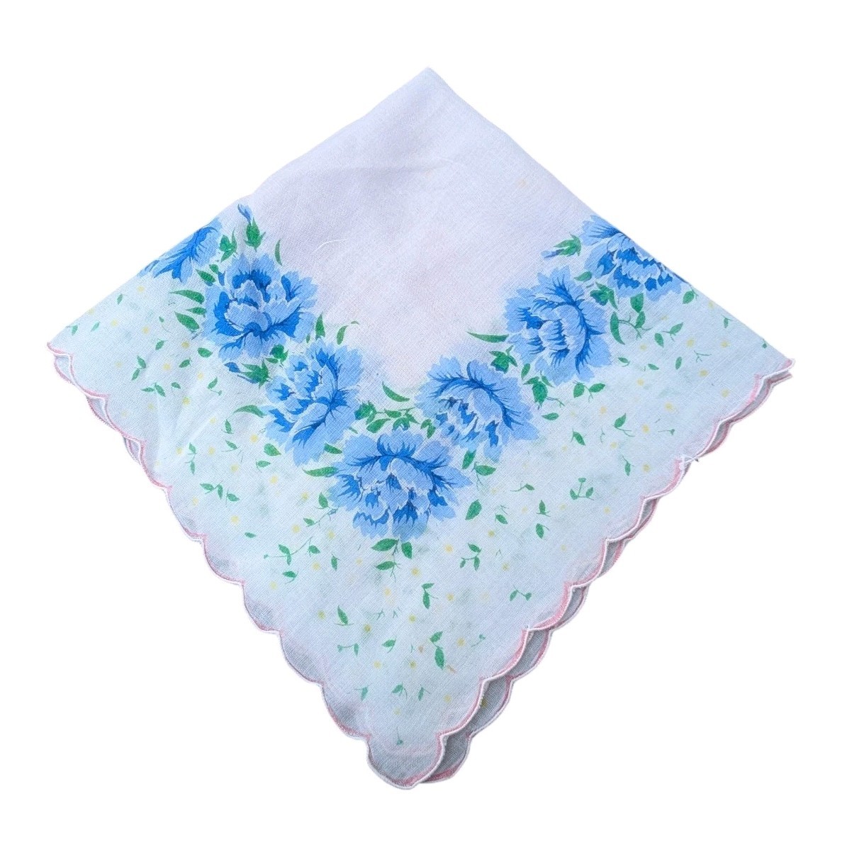 Vintage Floral Handkerchief 12″ Pale Pink with Blue Roses Pink Scalloped Edge