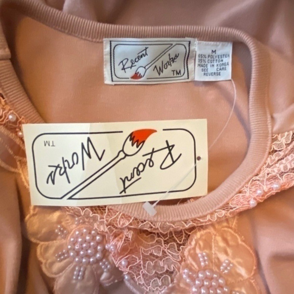 Vintage Recent Works Top Blush Pink Lace Bead Floral Appliqué Half Sleeve Top