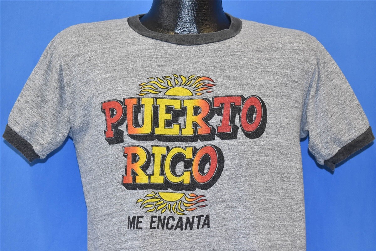 vtg 80s PUERTO RICO ME ENCANTA I’M LOVIN IT SUNSET RINGER RAYON BLEND t-shirt M