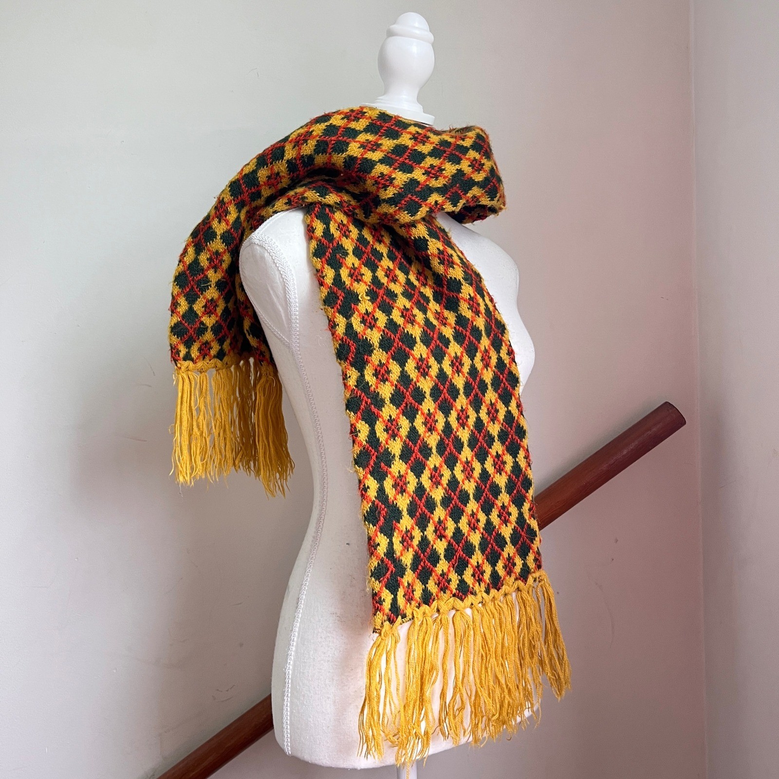 Vintage Neck Scarf Retro Yellow Green Red Argyle Diamond Knit Fringe Winter Fall
