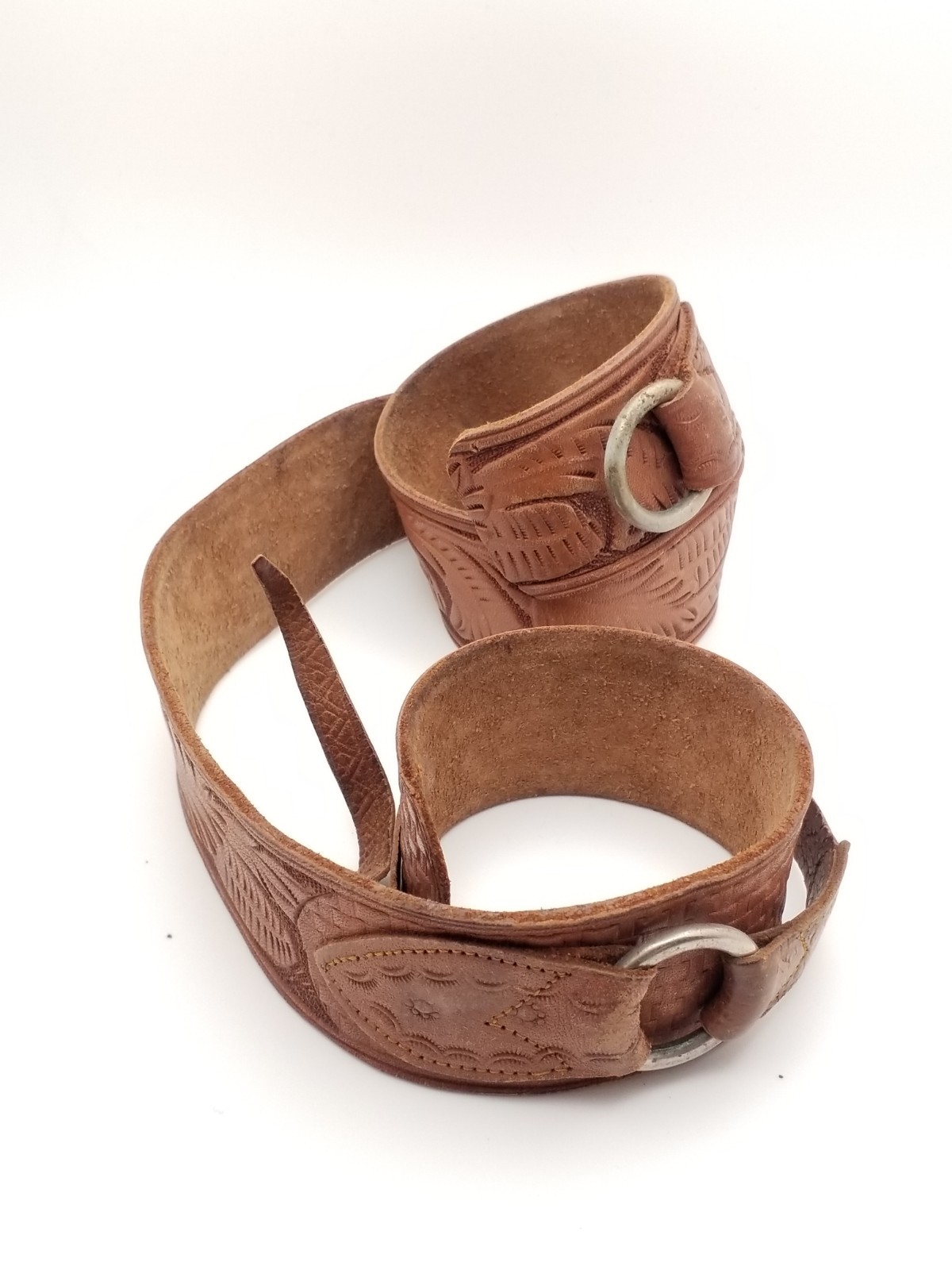 Vintage Handmade Tooled Brown Leather Belt Or Strap Size 20-24 Throng Tie Adjust