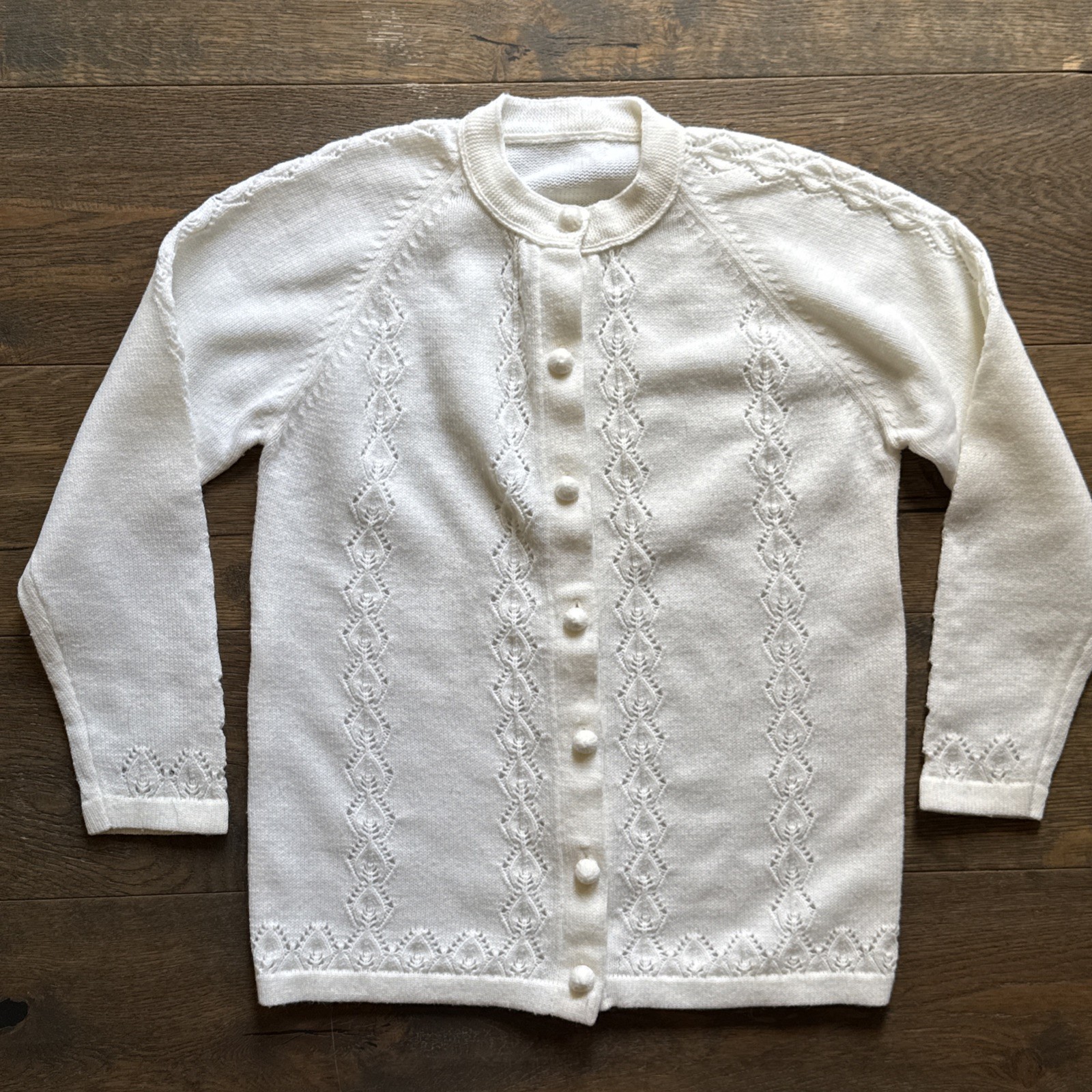 Vintage Open Knit WOOL Granny Sweater Crochet Cardigan Size S-M Off-White Cream