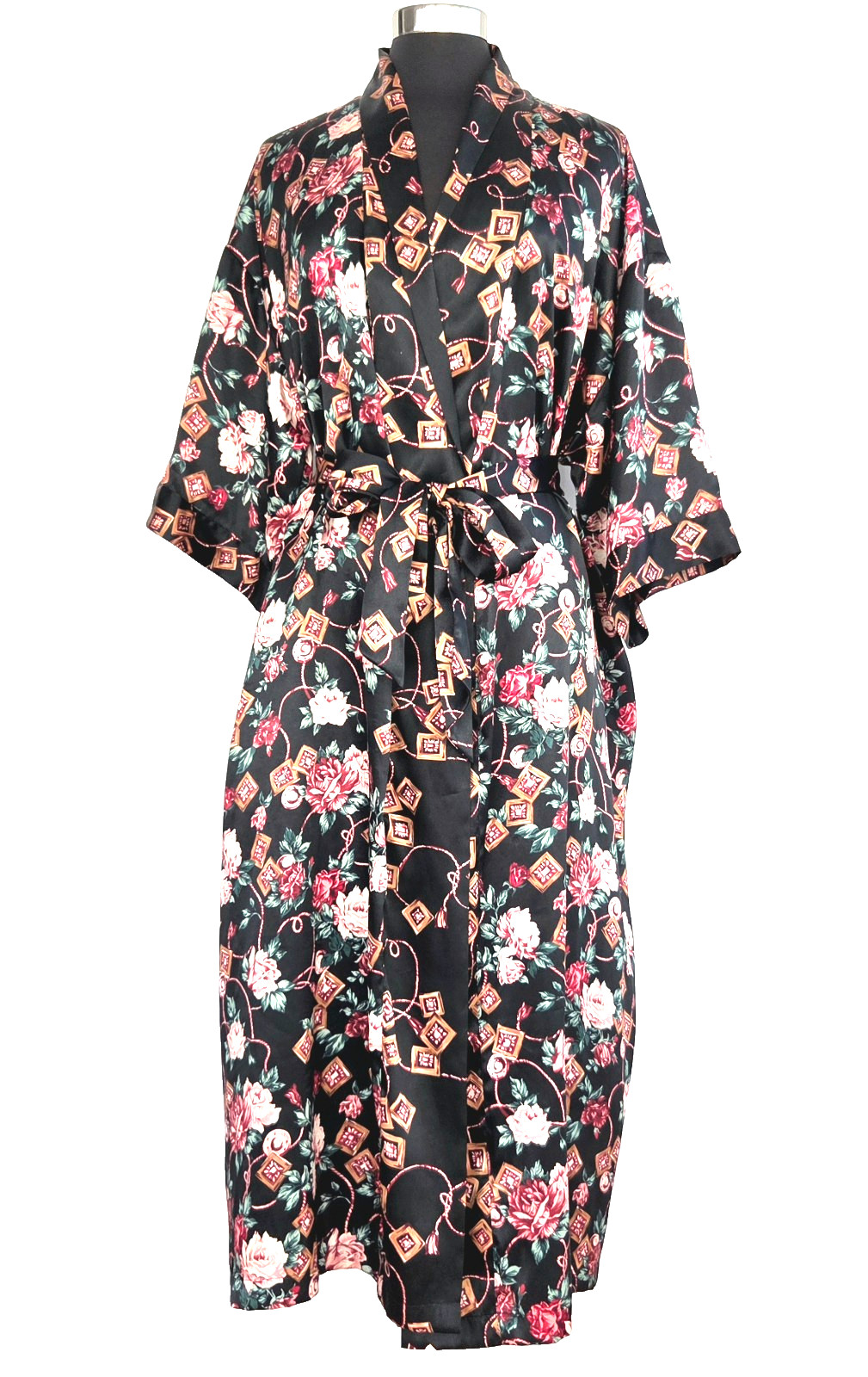 Vintage Sz M Satin Long Robe Black Floral with Sash Tie 3/4 Sleeve Go Softly