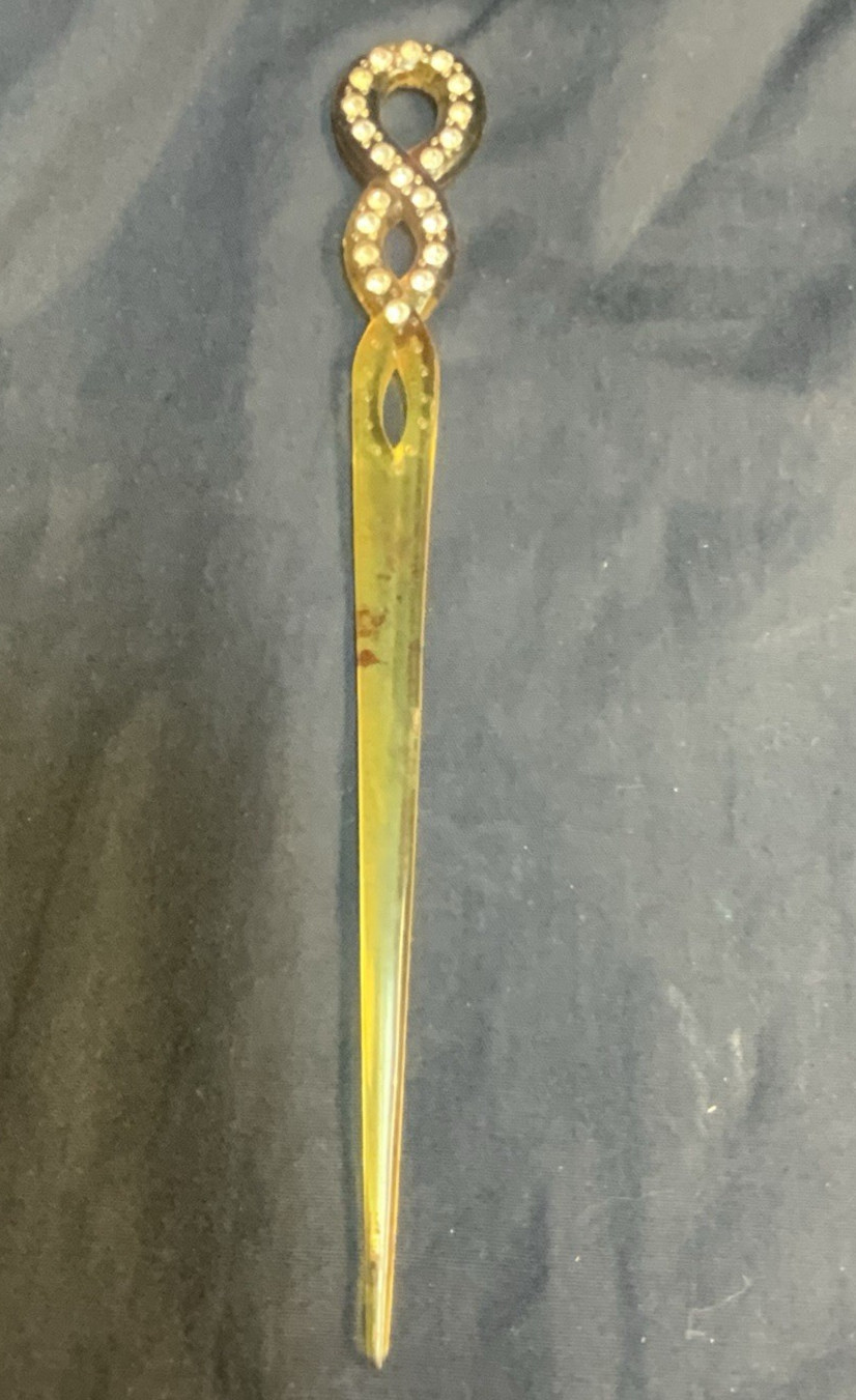 Vintage Yellow Brown Celluloid Rhinestone Hair Pin 6”