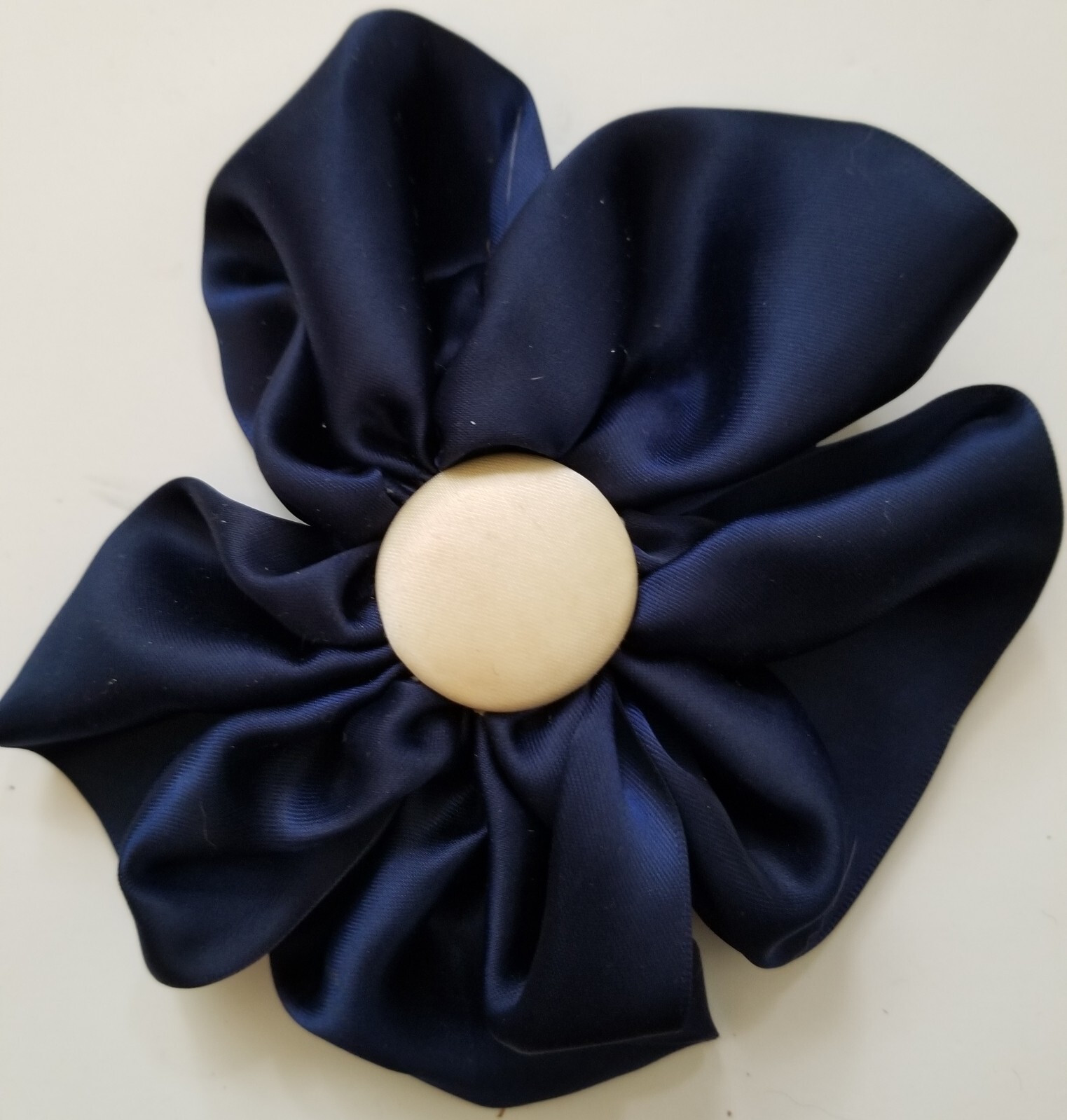 Vtg. Harrods of London 1970s Topknots Ltd. Navy Satin Flower 6″ Hair Barrette