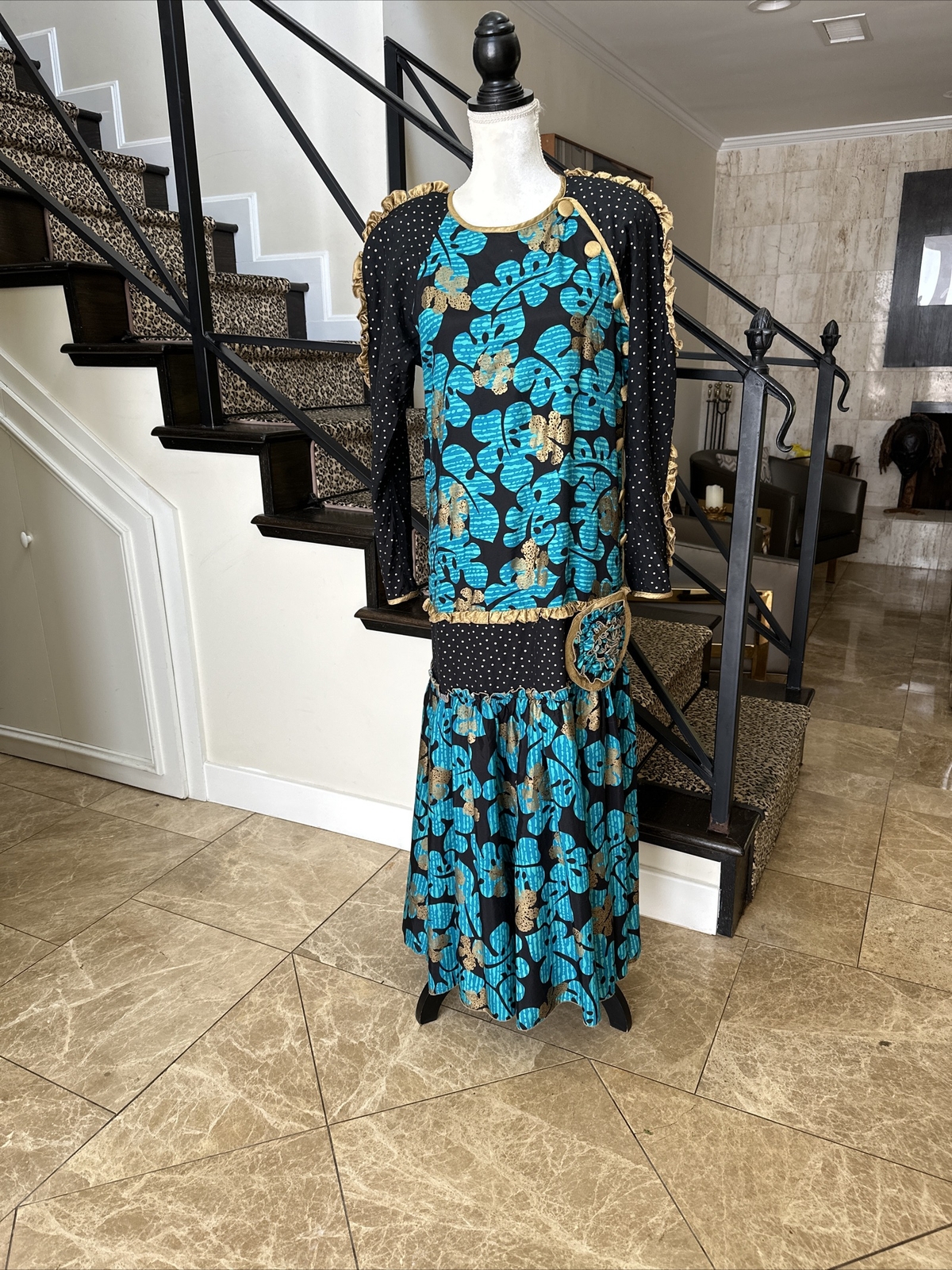 Jeanne Marc 80s Outstanding Black Blue Gold Metallic Print Rayon Maxi Dress M