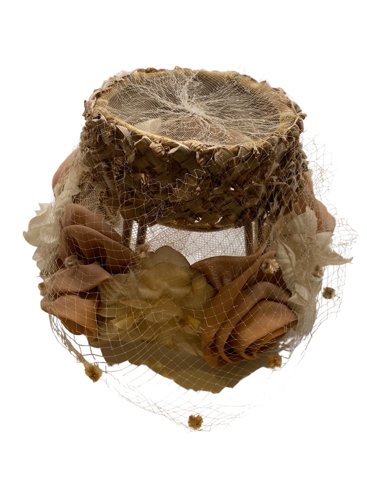 vintage floral hat with lace netting beiges