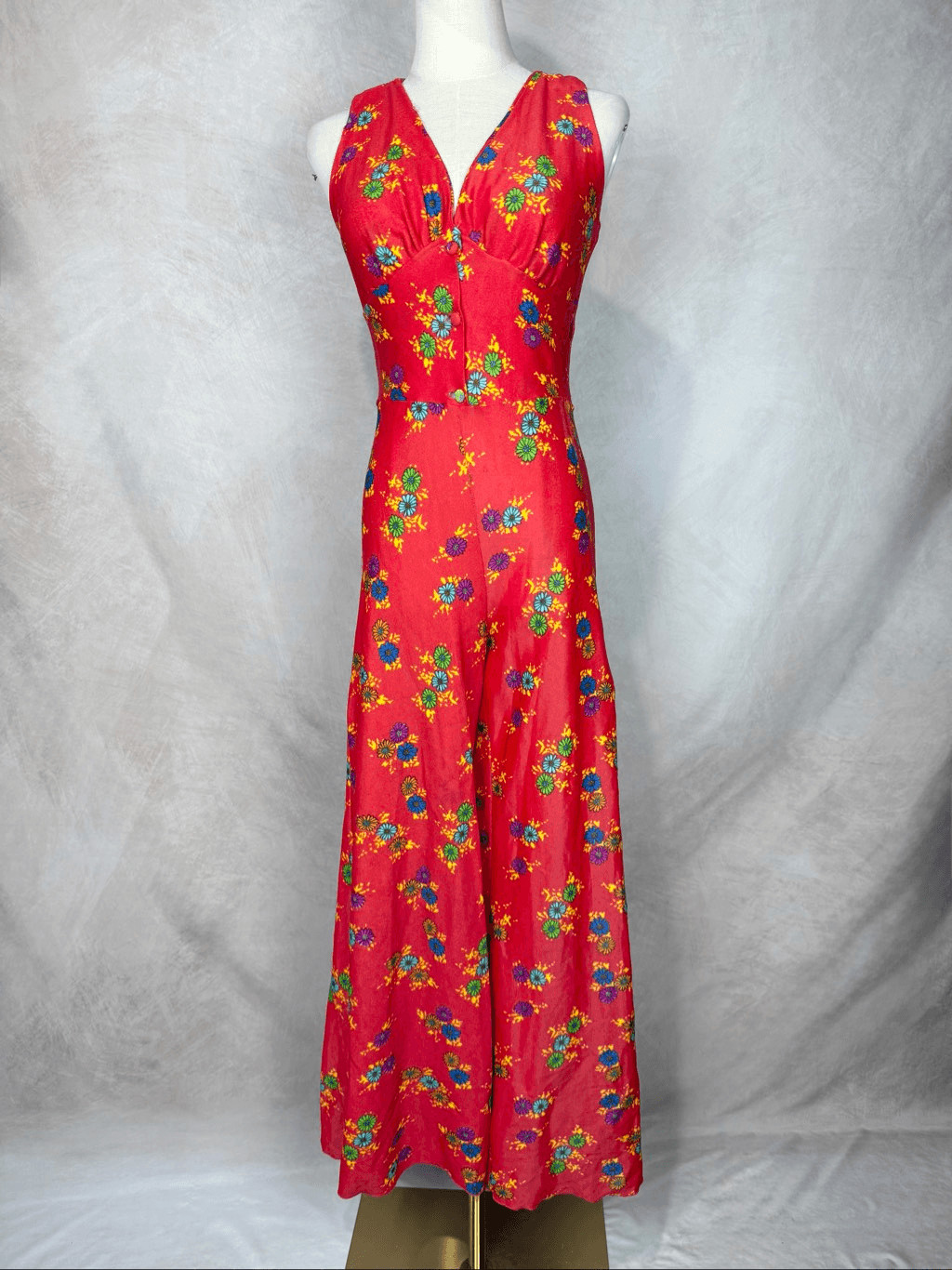 Vintage 1970s Flower Power Bell Bottom Jumpsuit Disco Mod MCM Palazzo READ