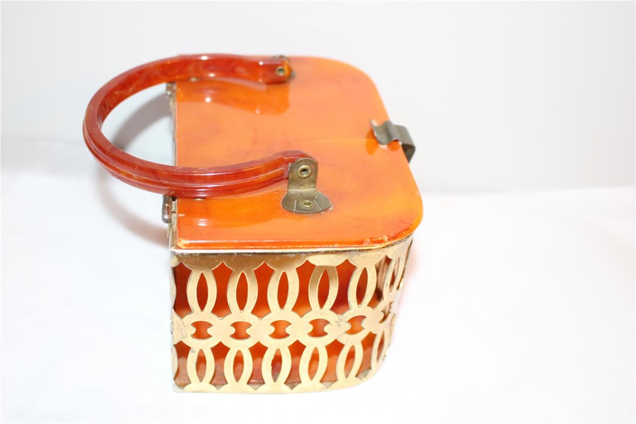 Vintage Child Doll Size Purse Bakelite with Metal Unusual 5″ x 3-1/4″ x 2-3/4″