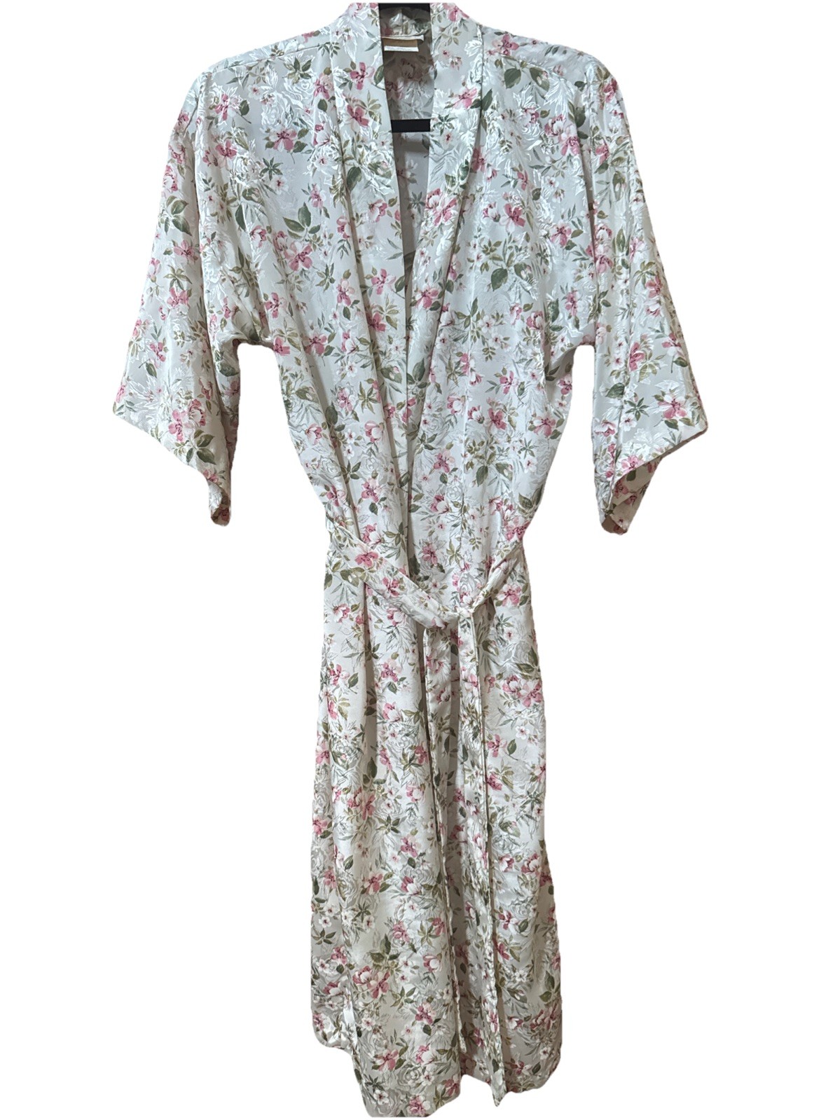 Inner Most Vintage Floral Jacquard Robe Cream Pink Kimono Style Made in USA S