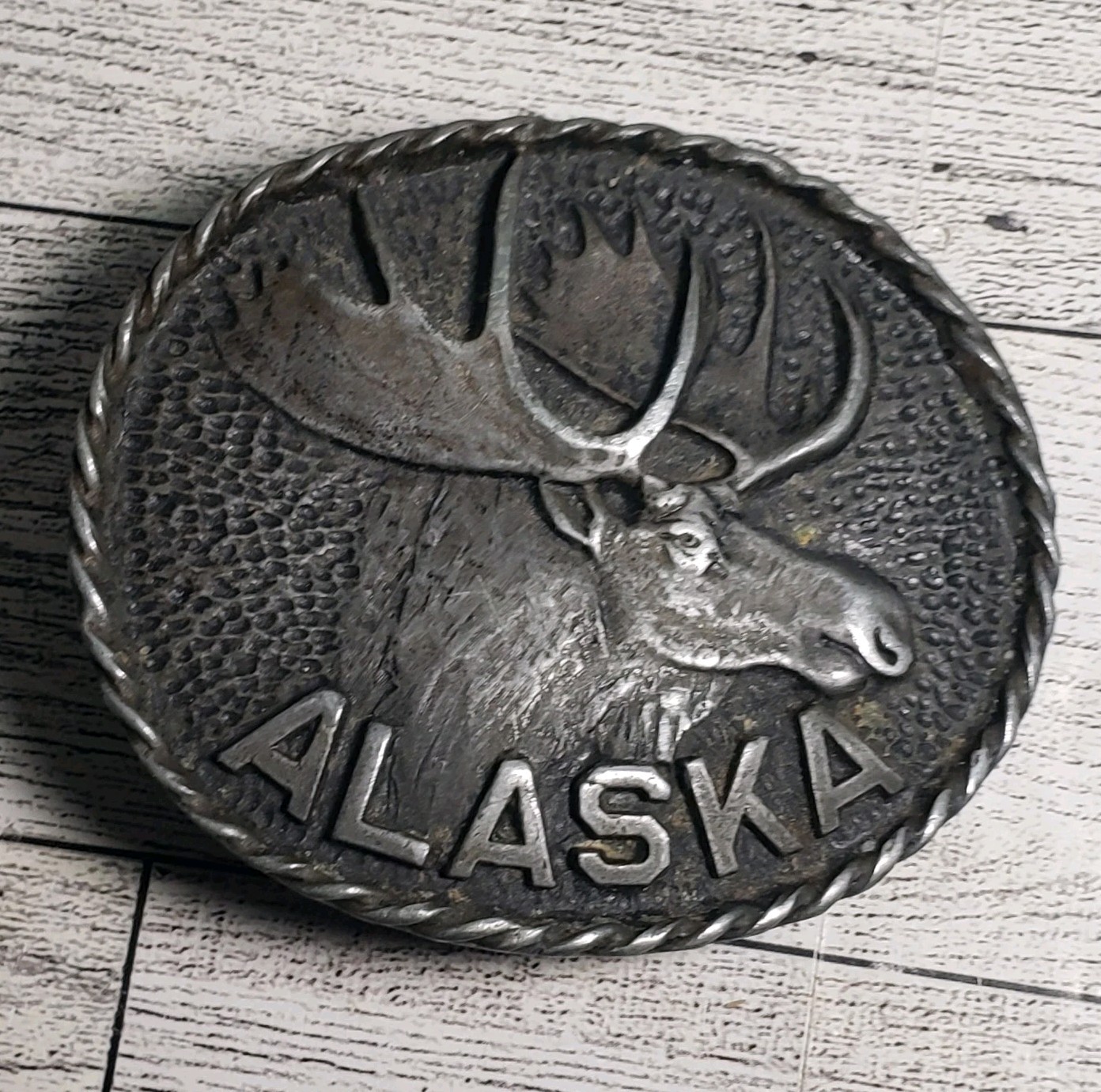 Vintage Alaska Belt Buckle Emblems of the North Brand MOOSE Pewter Made in USA