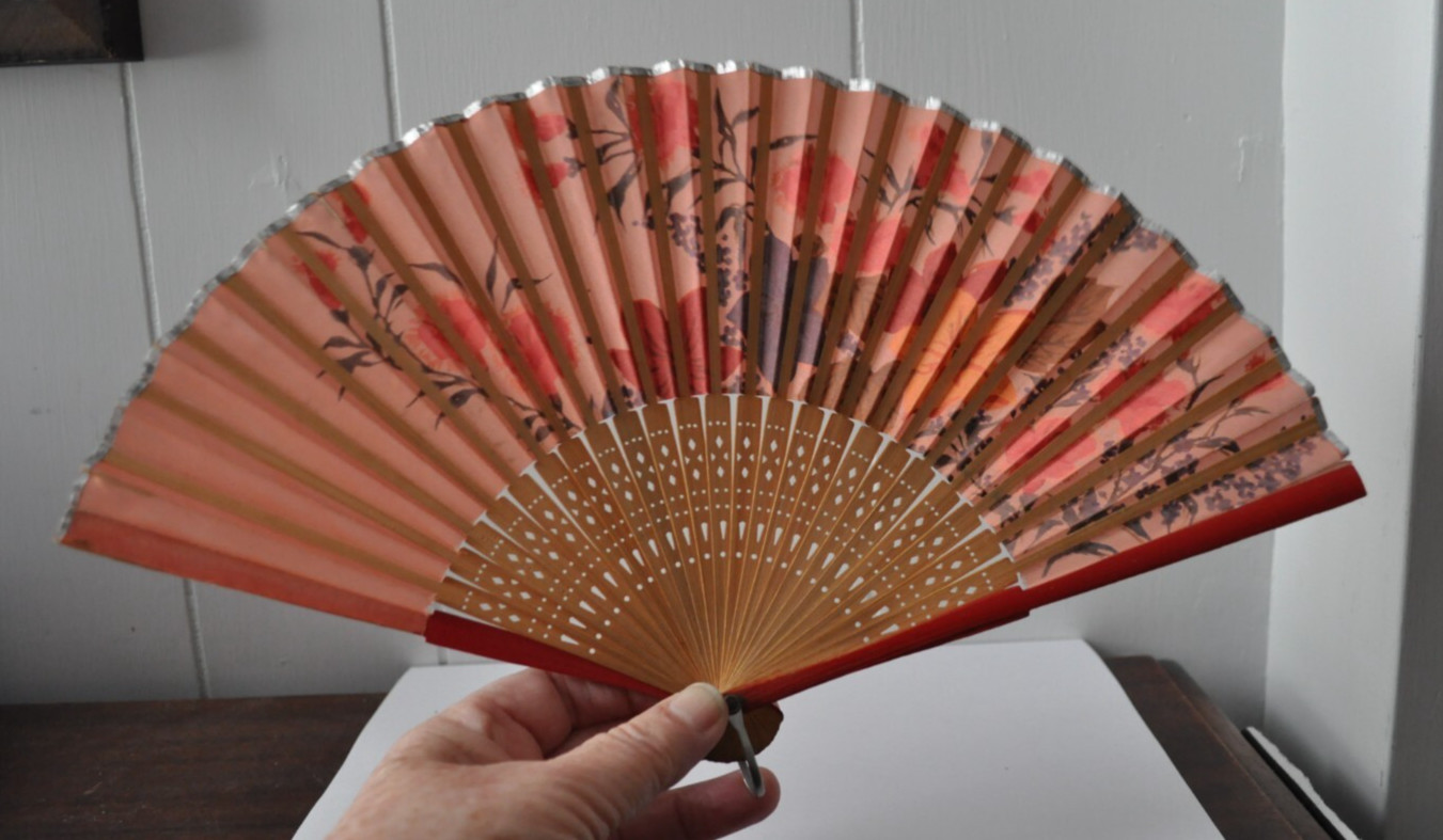 Vintage Folding Hand Fan Chinese Style Paper Wood Floral Design