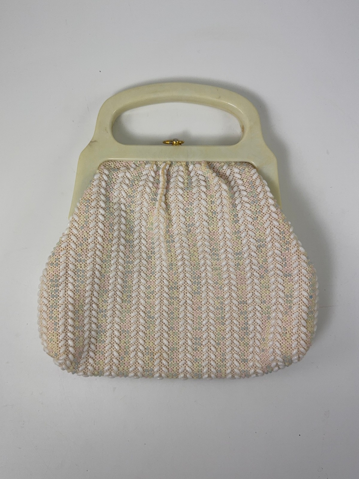 VTG Beaded Crochet Purse With Plastic/Acryllic Handle and Metal Clasp