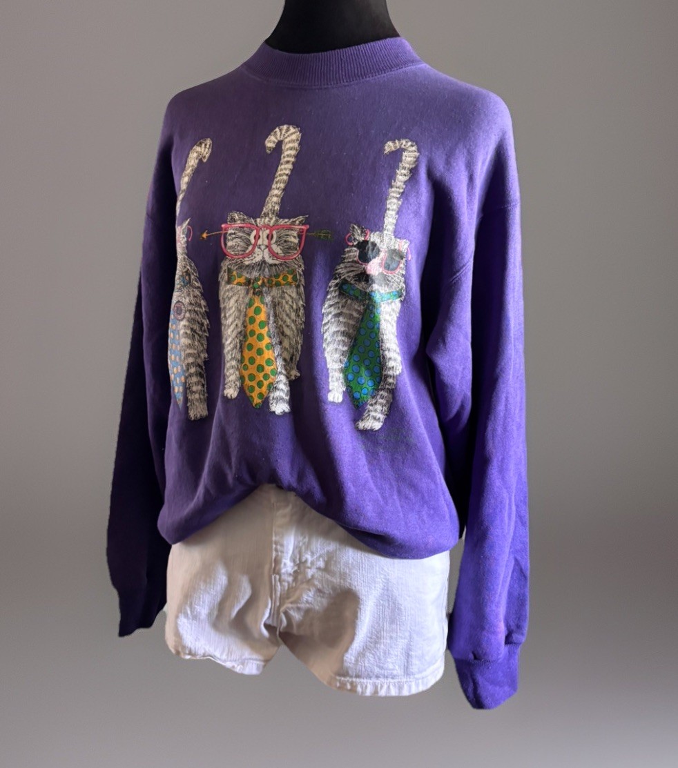 VTG 90s Huge CATS Glasses Front/back Crewneck.medium/hanes