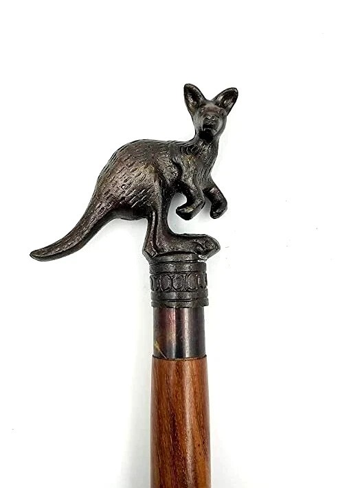 Nautical Antique Finish Kangaroo Brass Handle Brown Wooden Walking Stick Cane