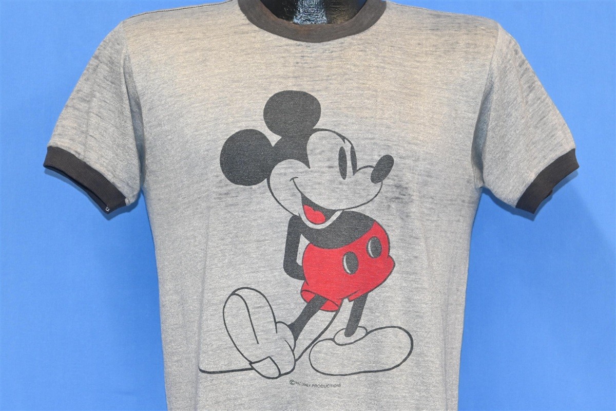 vtg 80s WALT DISNEY MICKEY MOUSE CARTOON GRAY RINGER SOFT THIN t-shirt MEDIUM M