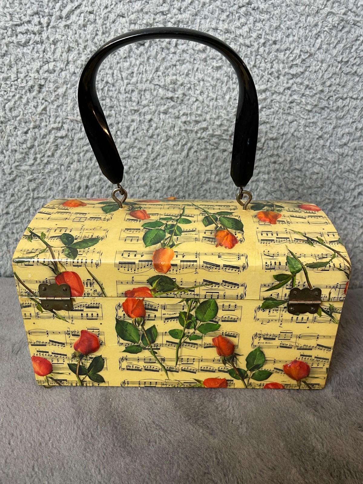 Vintage Gerard Marier Lunchbox Handbag Yellow Decoupage Sheet Music 3D Roses VTG