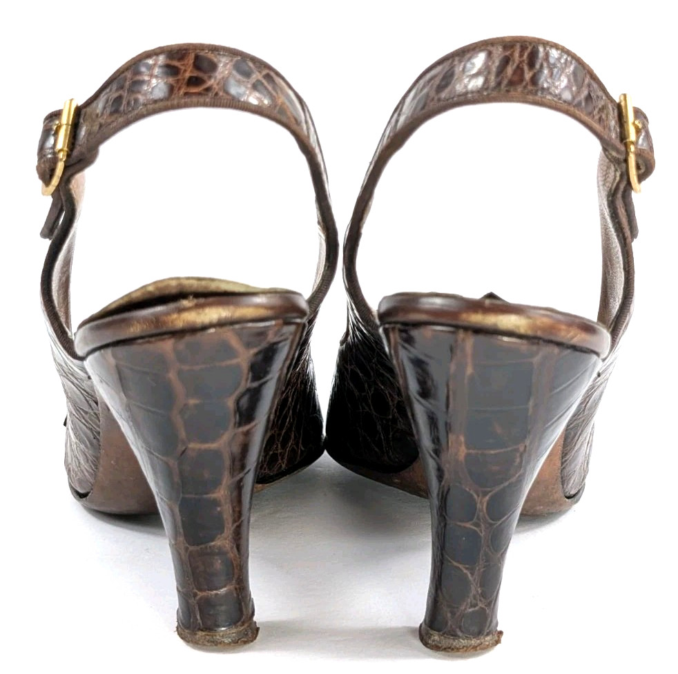 ​Vtg 1940s I Miller Genuine Alligator Peep Toe Slingback Heels Pumps Womens 7AAA