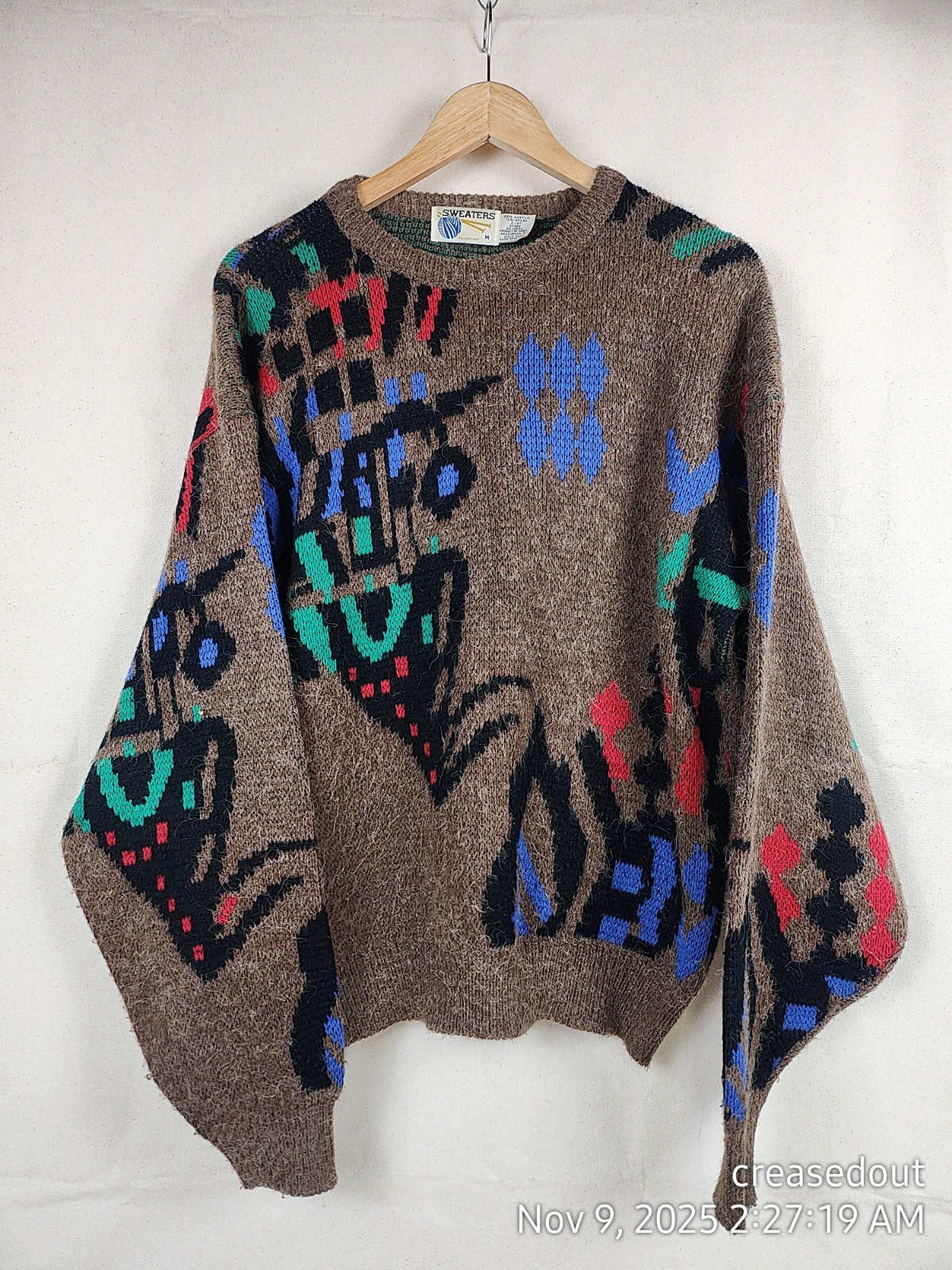 Vintage Machine Knit Sweater Brown Red Green Faux Mohair Adult Medium