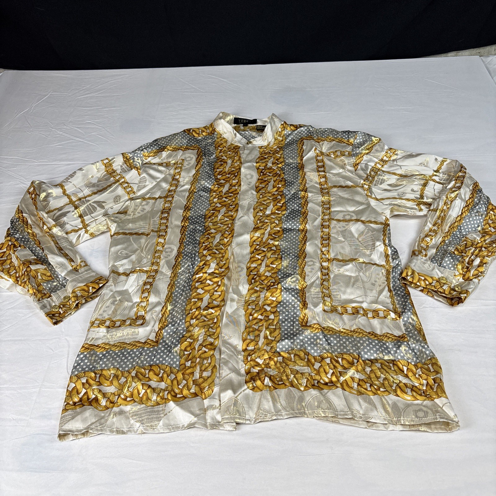 Vtg VERSAI GOLD LABEL Silk Metallic Gold All Over Chain Luxury Greek Shirt L
