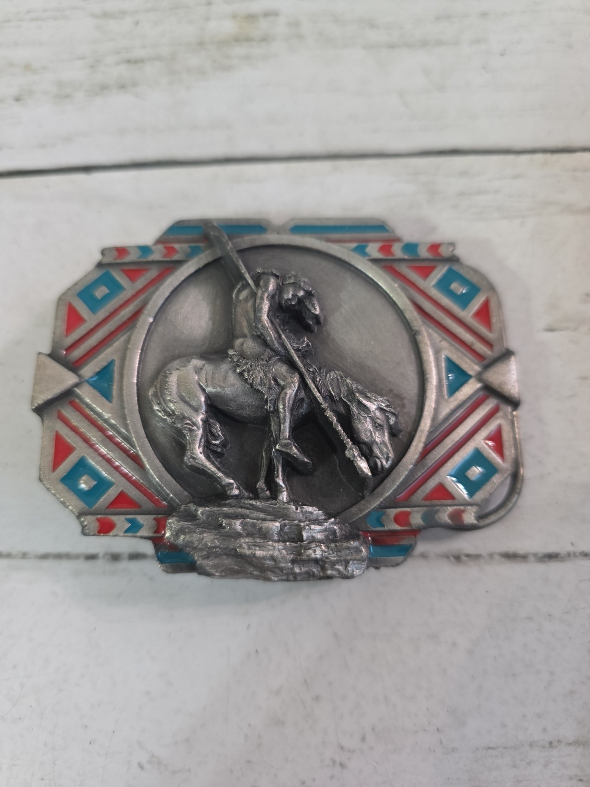 Vtg 1982 Siskiyou End of the Trail Pewter Belt Buckle Native American Enamel USA
