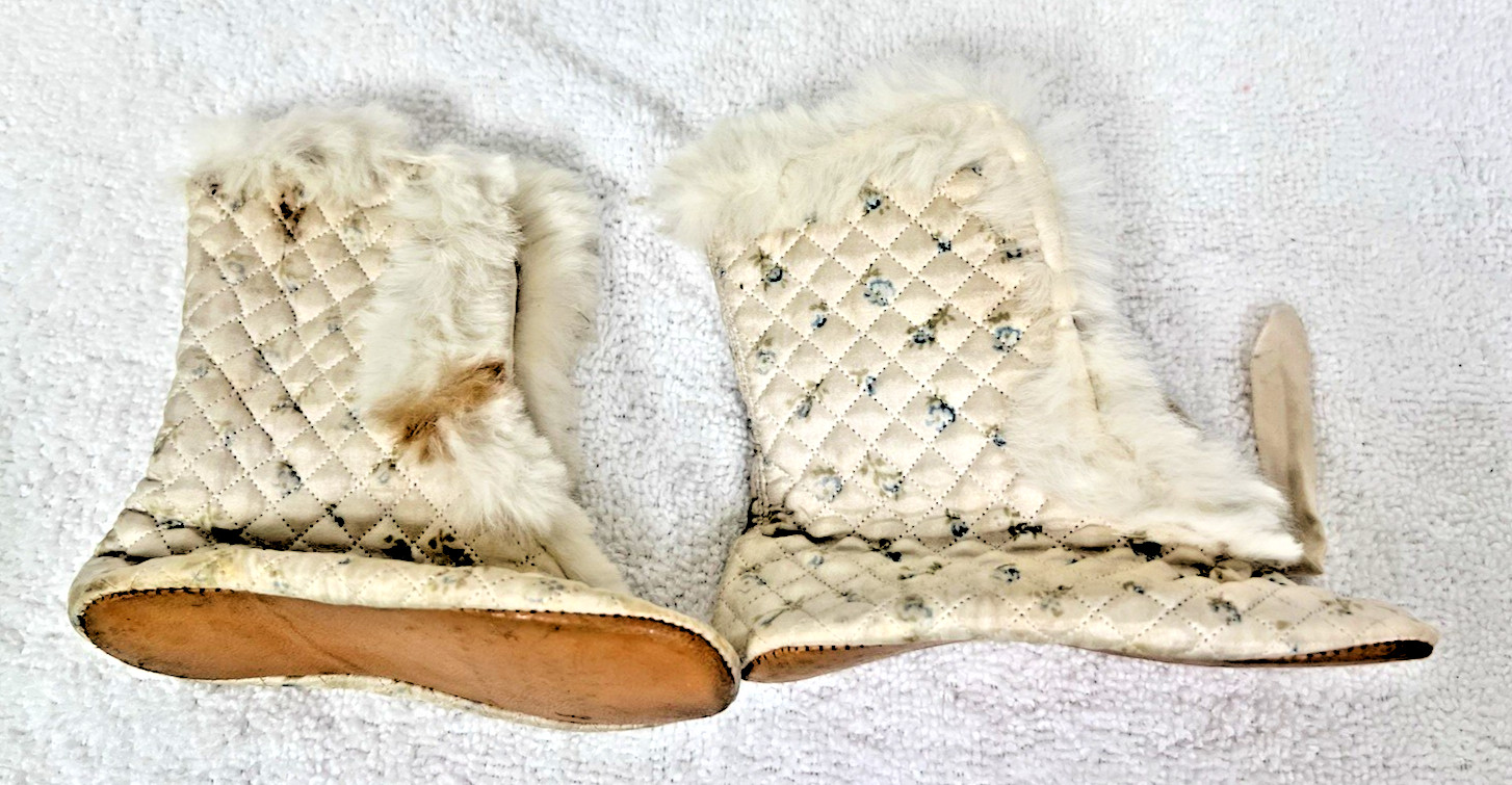 Antique Victorian White Silk Quilted Baby Boots Rabbit Fur Trim Leather Soles