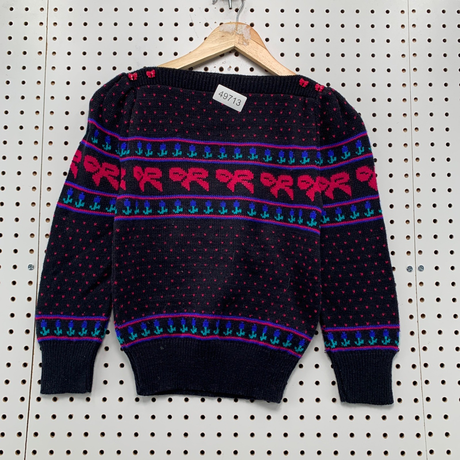 Vintage Cartwheels for Kids Sweater Girl Black 80s Bows Floral Birdseye Knit USA
