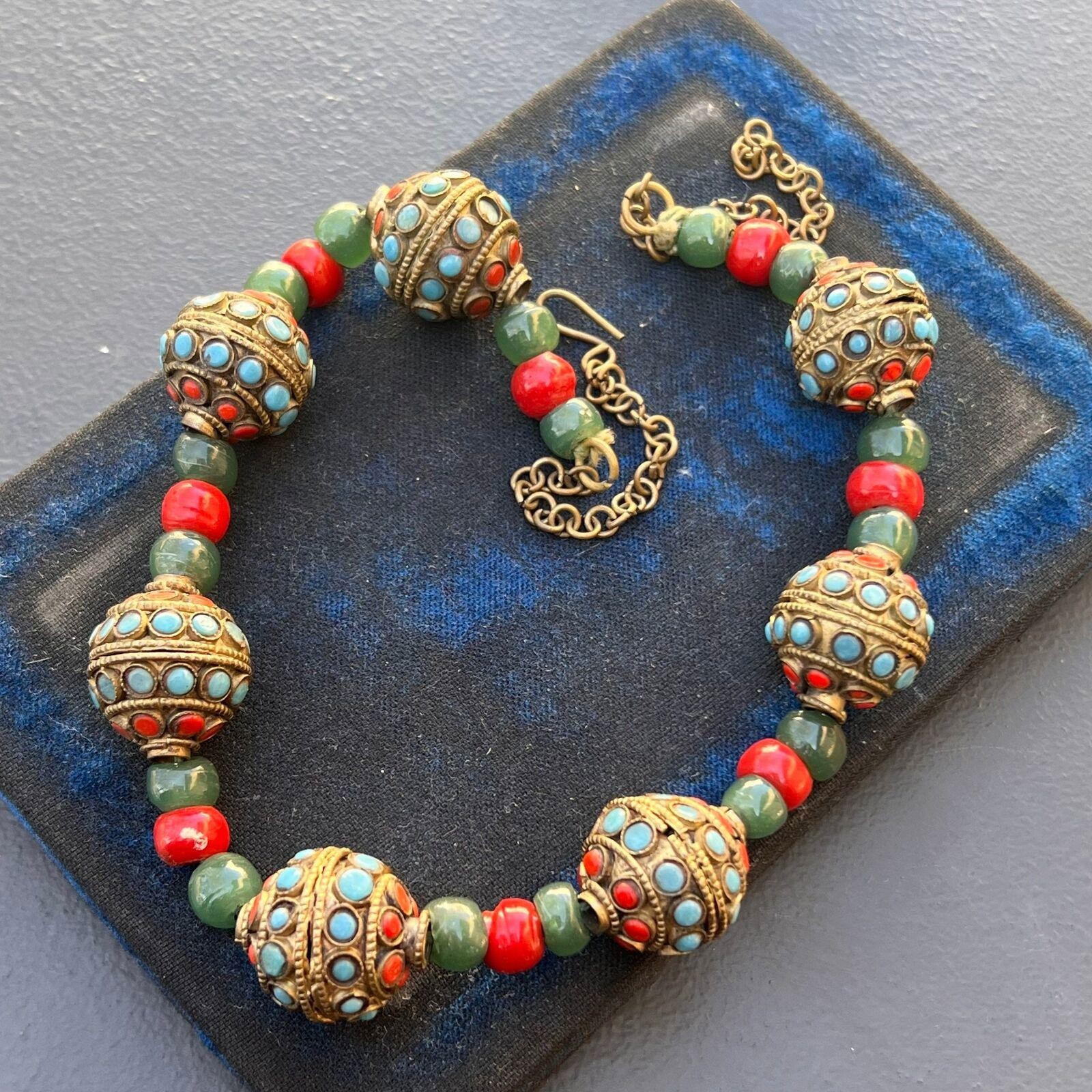 Vintage Handmade Bead Beaded Choker Necklace . Tibetan Faux Turquoise Coral Cos