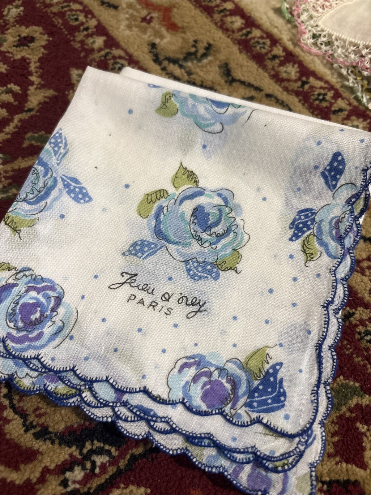Vintage Lot – 4 Jean Jeou D’Orly Paris Floral Handkerchiefs Blue Pink Scalloped