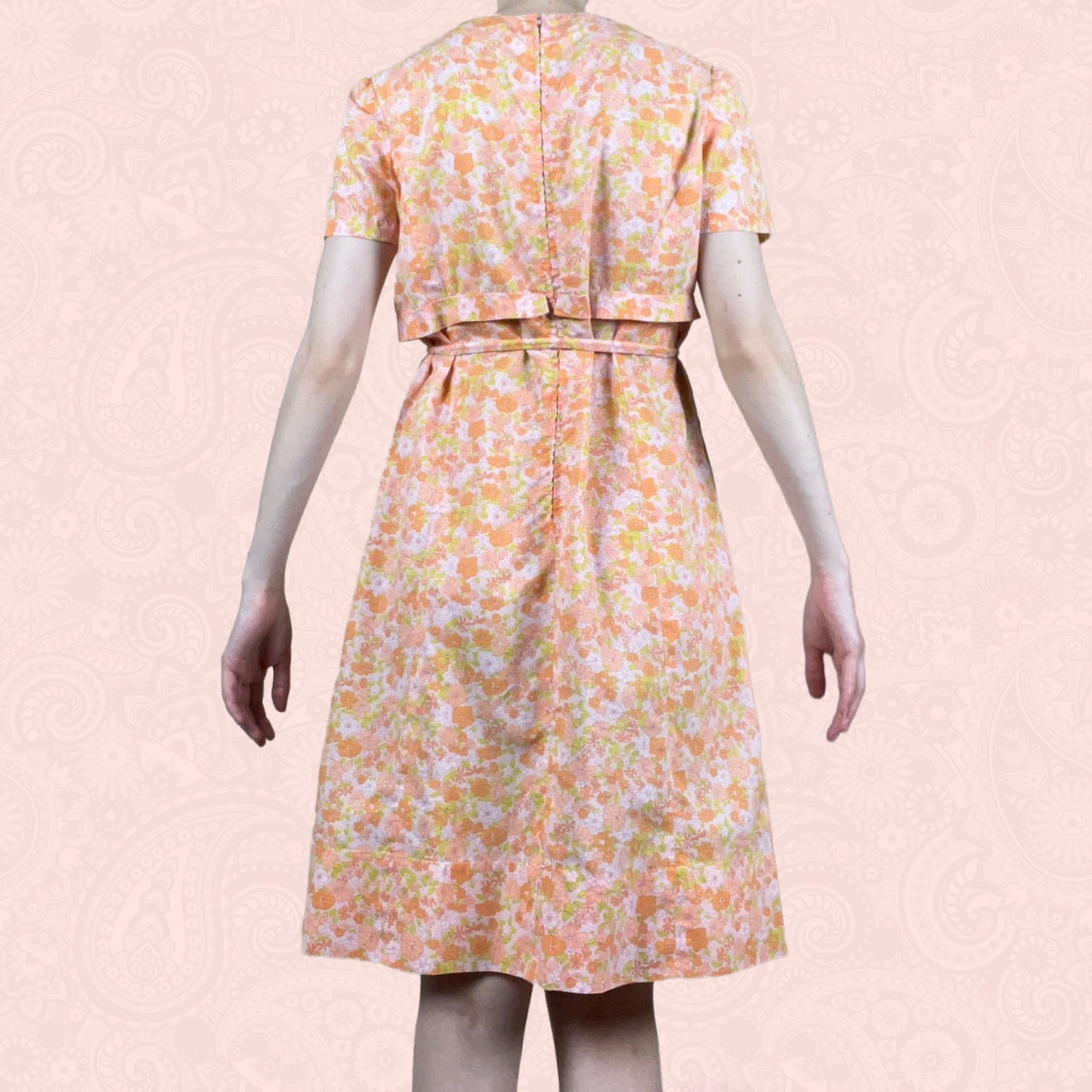 Vintage 60s 70s Handmade Pink Orange Floral Belted Empire Waist Dress S / M