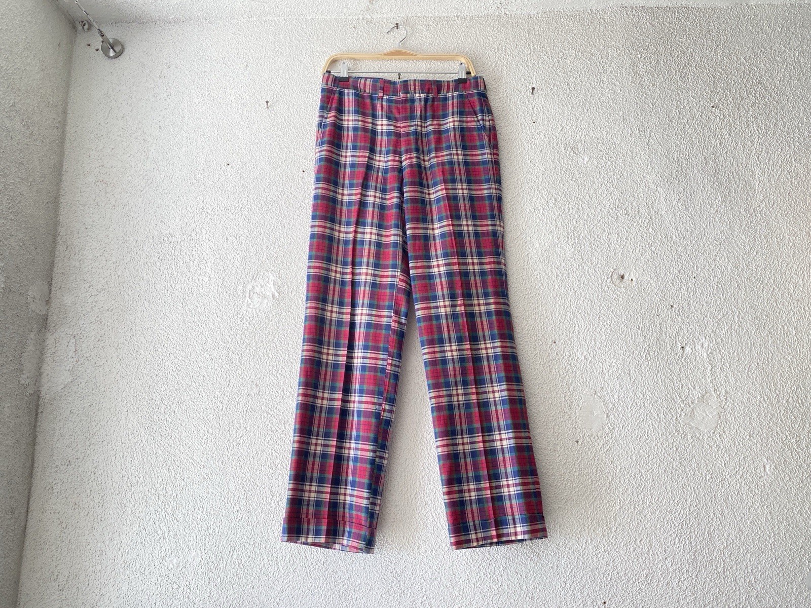 1970s vtg BROOKS BROTHERS red/blue/green PATCHWORK PLAID MADRAS PANT 32 x 32 USA