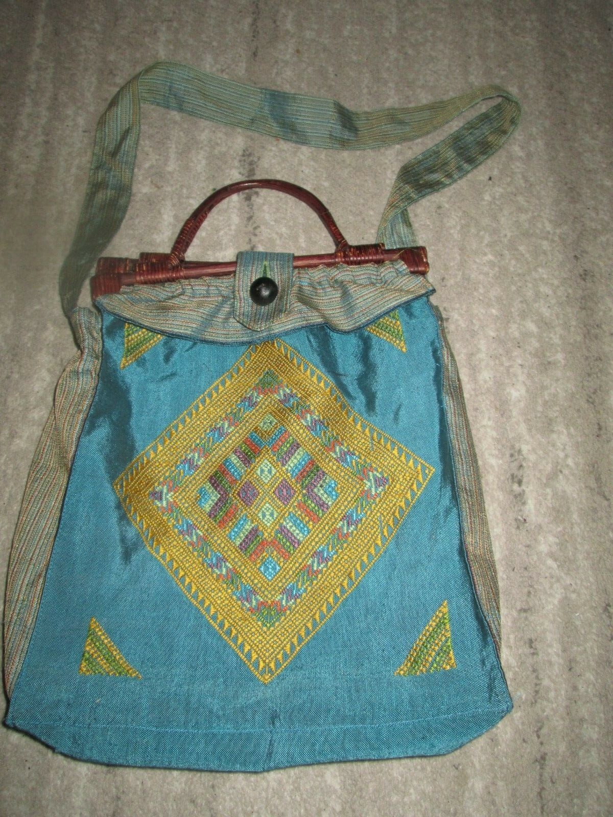 VINTAGE Antique wicker WOOD HANDLE EMBROIDERED PURSE Sewing Bag boho silk