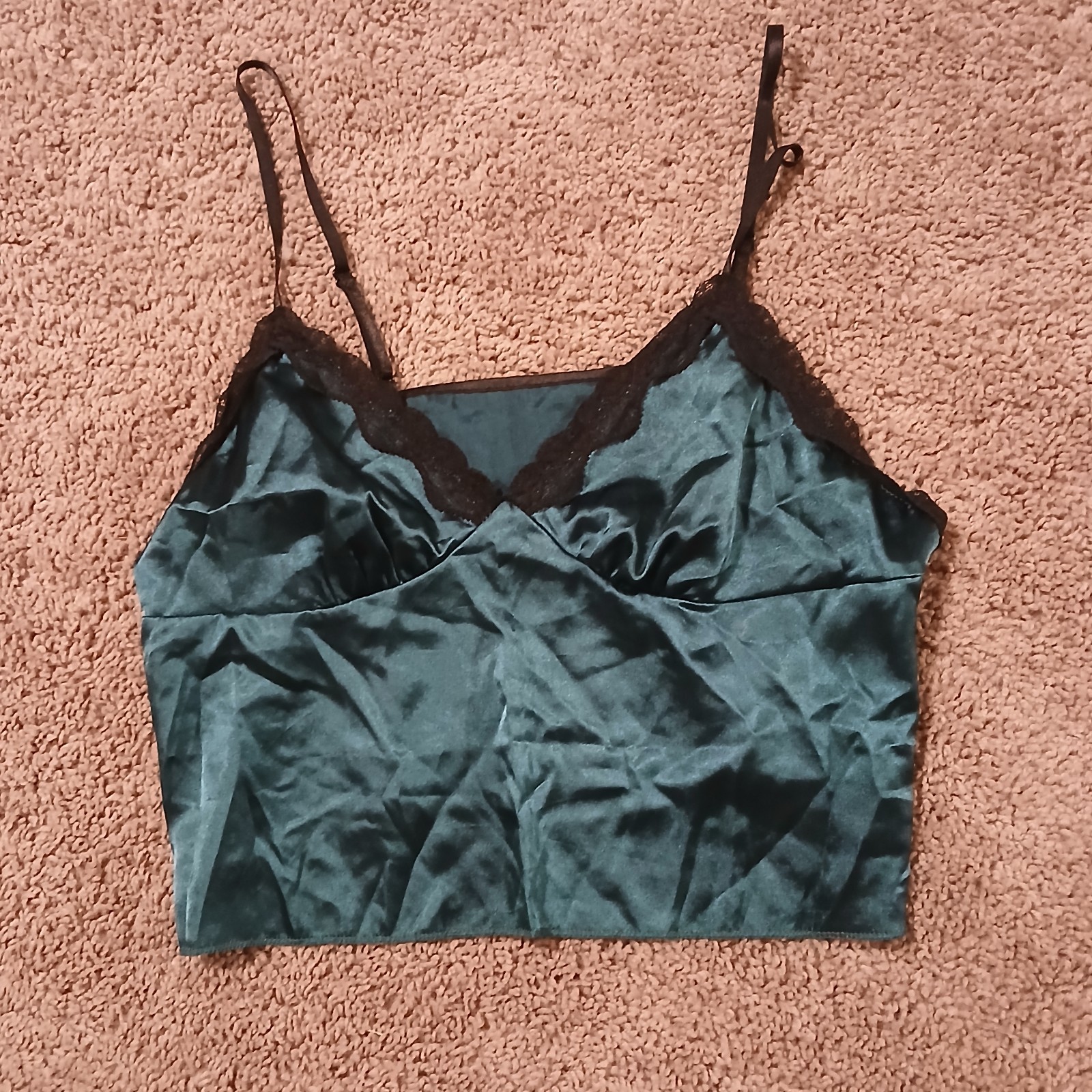 Teal satin polyester cami top with black lace trim, size L #lingerie #satin