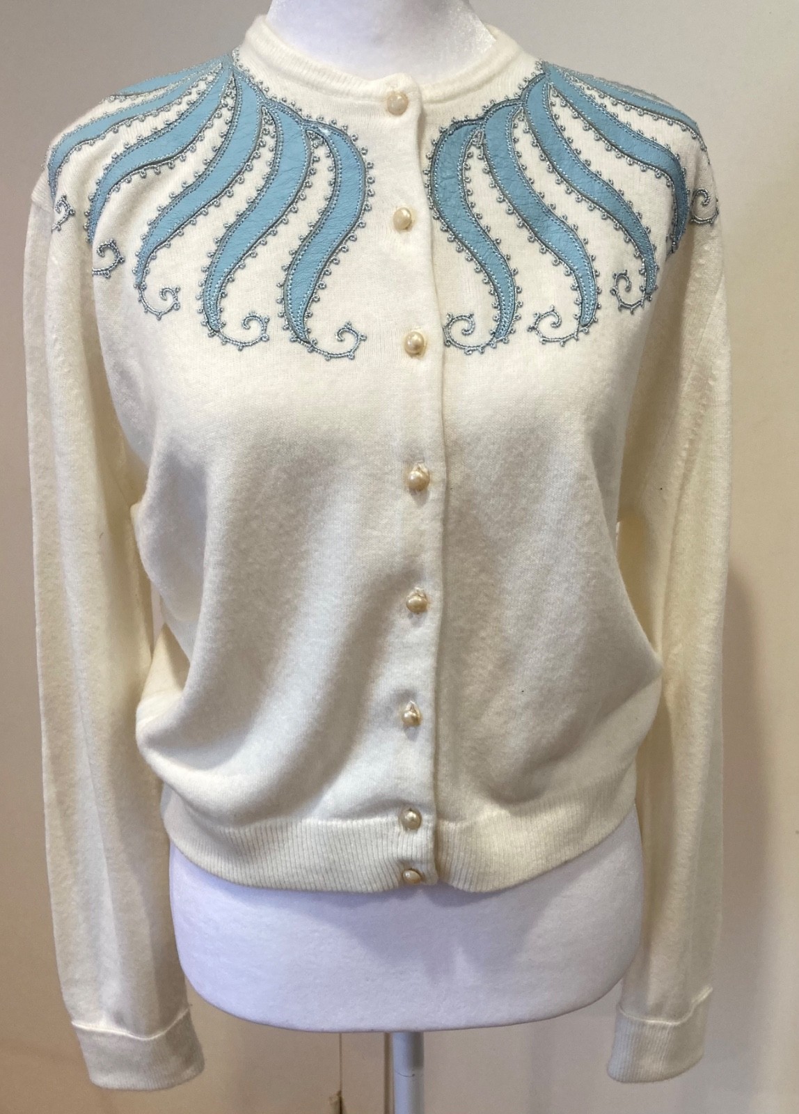 Vintage 1950s Rockabilly Sweater w/ Elaborate Leather Appliqué and Embroidery