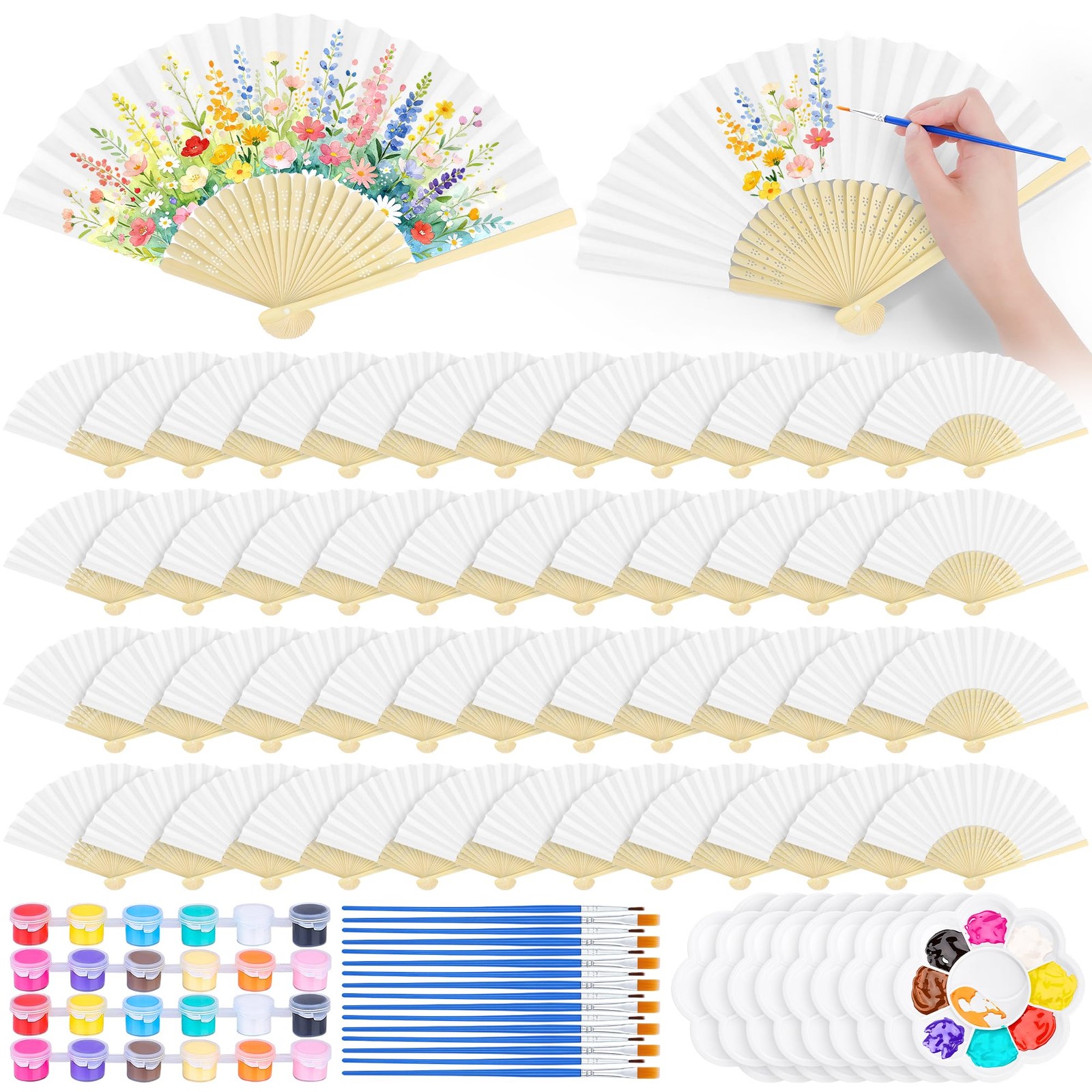 192 Piece 48 Sets Blank Paper Fans with Acrylic Paint Brush Decorative Painti…