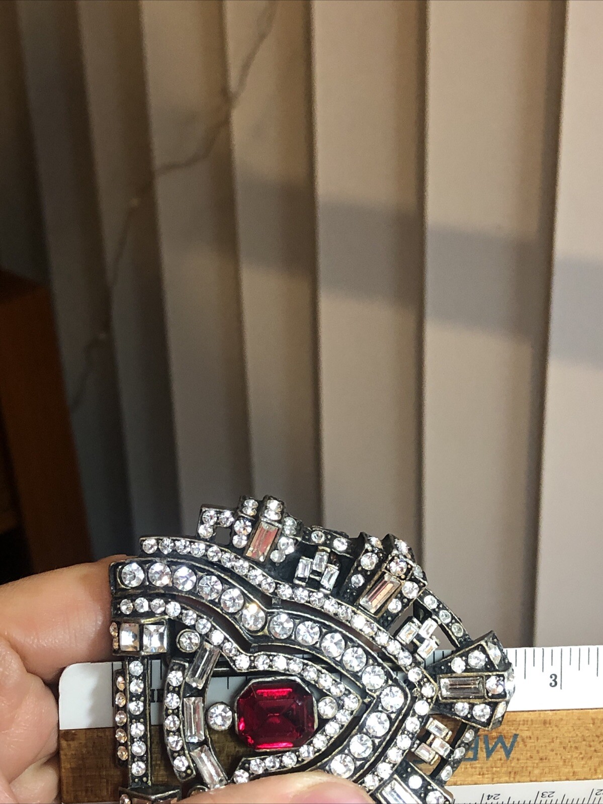 27. Vintage Brass tone White crystal Red Center Buckle For 1 1/2″ wide Belt