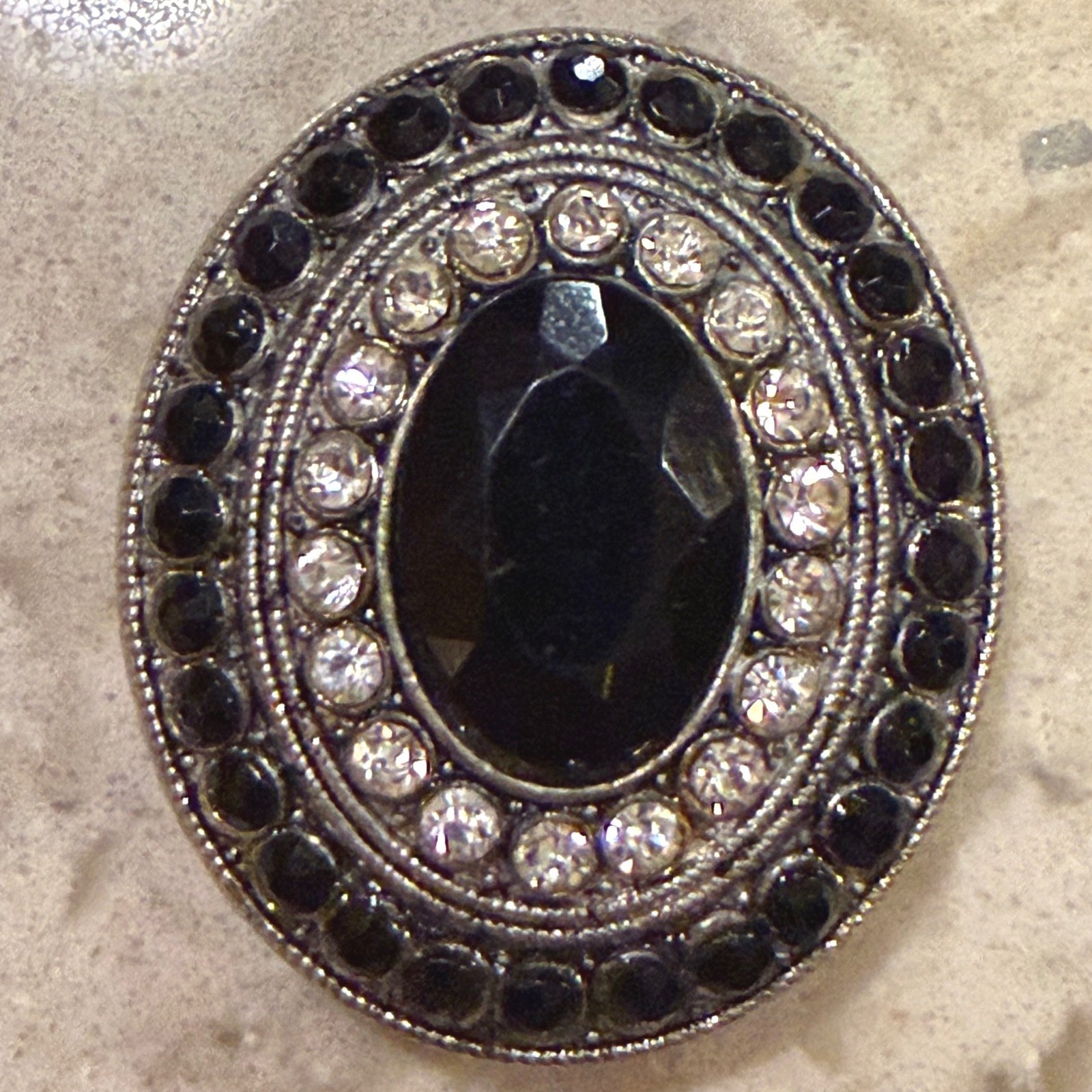 Vintage 1980s Black Silver Rhinestone Metal Scarf Slide Glam Accessory OS