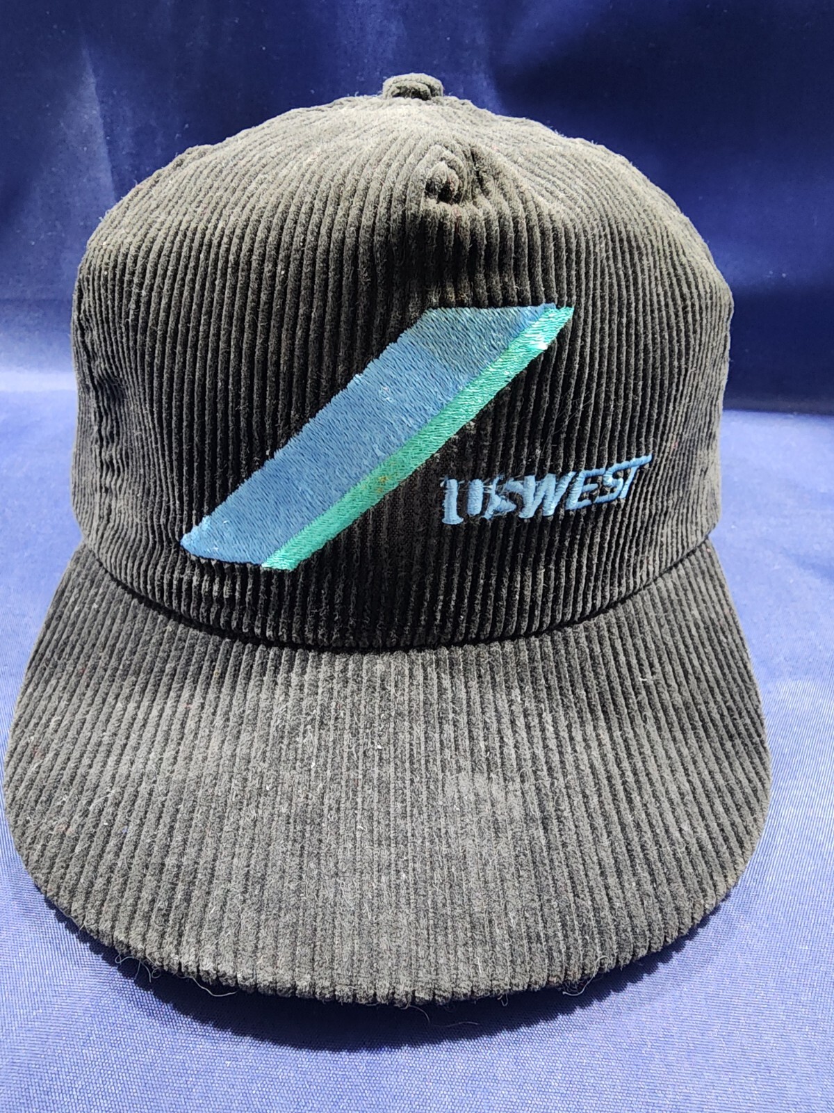 Vintage US WEST Ownco Hat Black Corduroy Bell Telephone Logo Strapback Cap