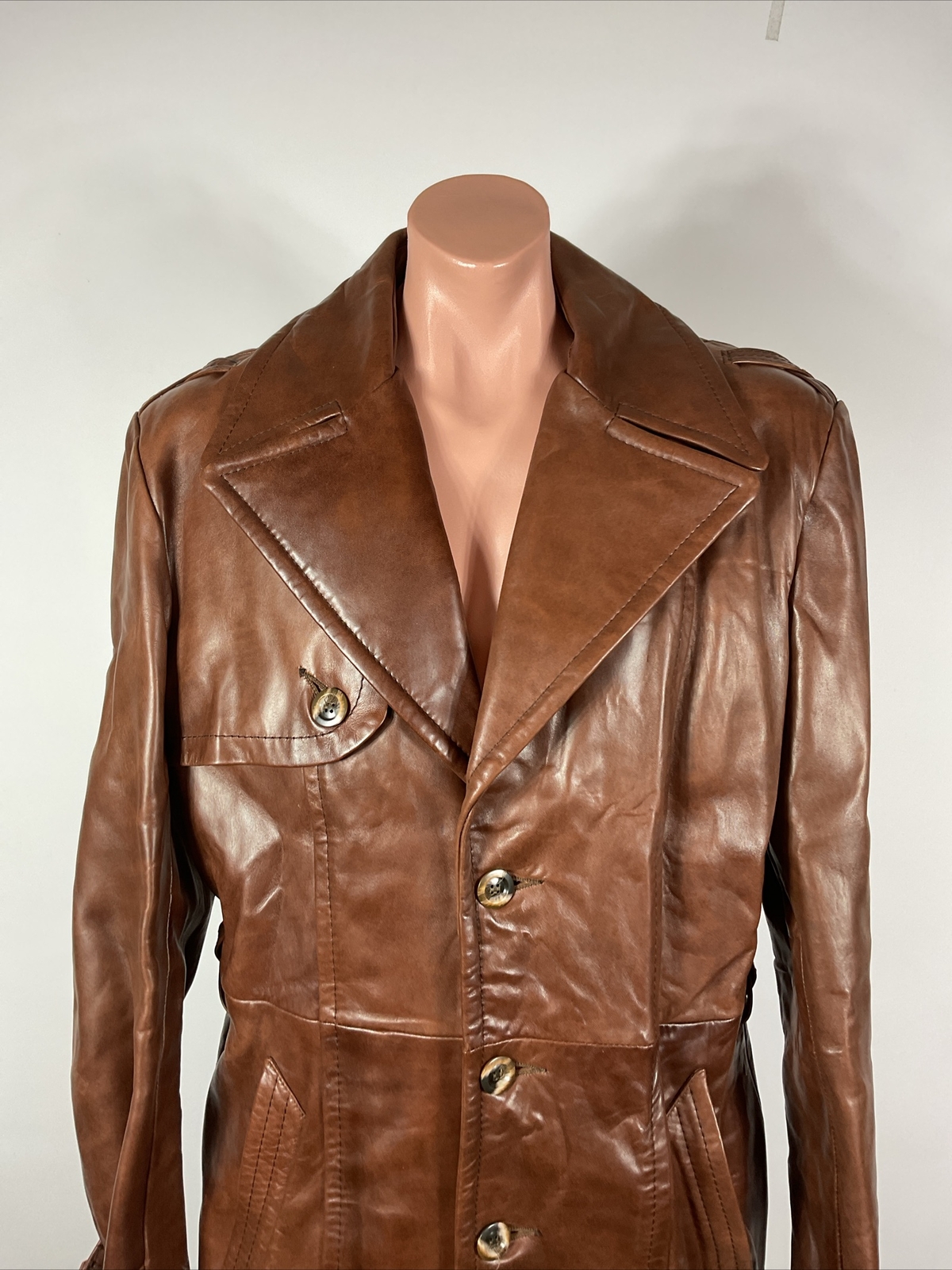 SCULLY soft lambskin leather trench coat jacket VTG 80s 70s Sz 44 Cognac