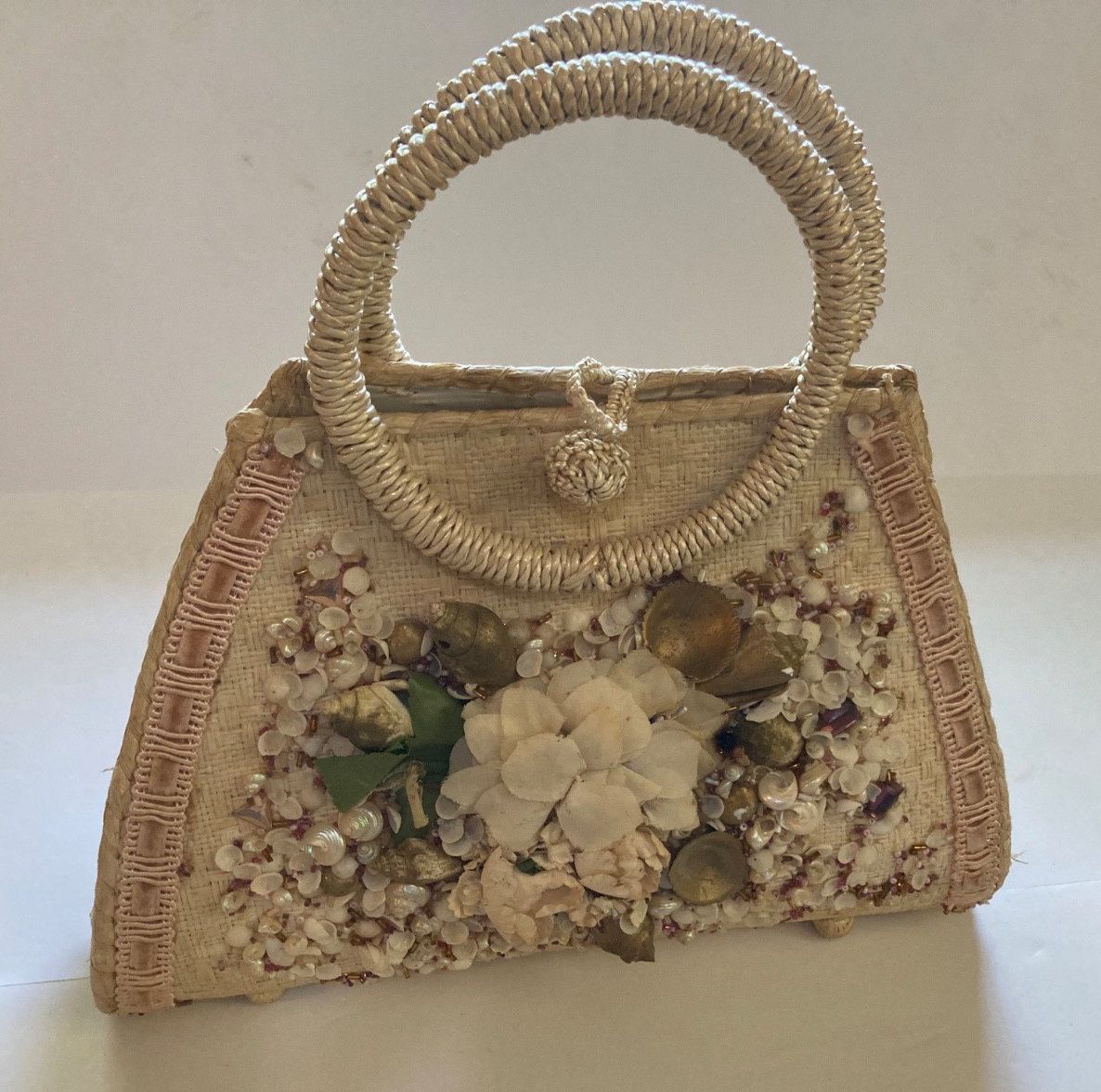 Vtg 50s 60s Raffia Handbag Shells Floral Woven Straw Purse, Made In Japan