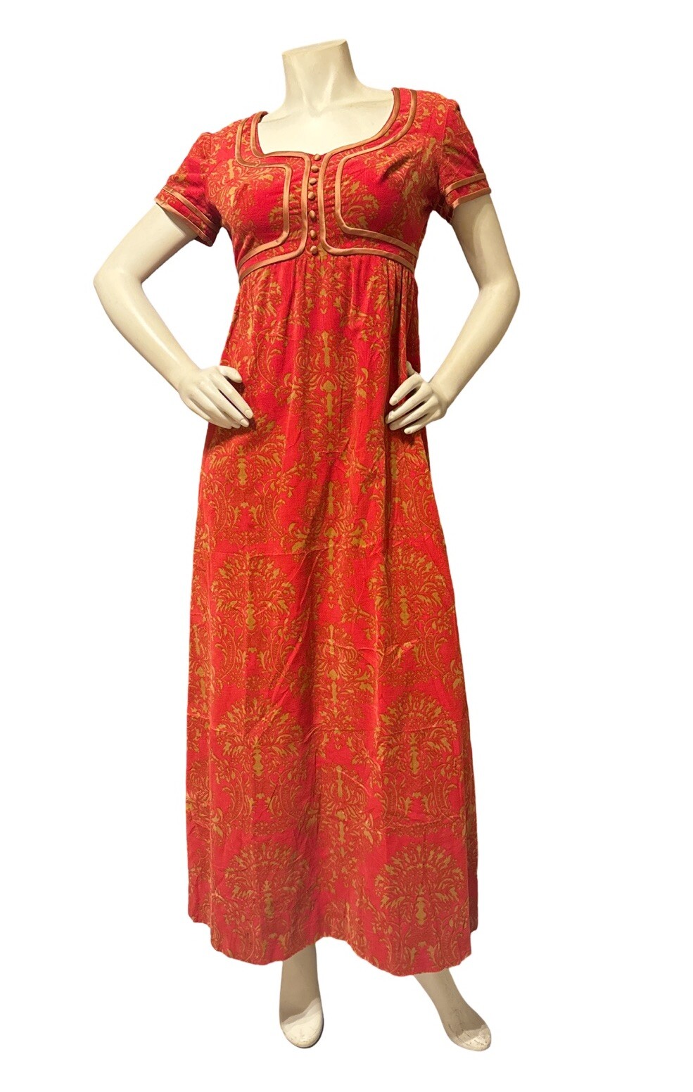 VTG 60s Red Velvet Dress Gold Pattern Short Sleeves Princess Cut Bow & Veil S