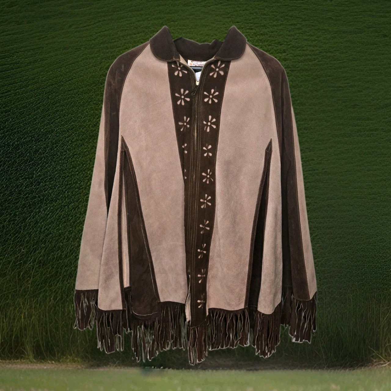 VTG 70s Suede Fringe Cape Poncho Jacket Two Tone Cutout Western Boho Mexico L