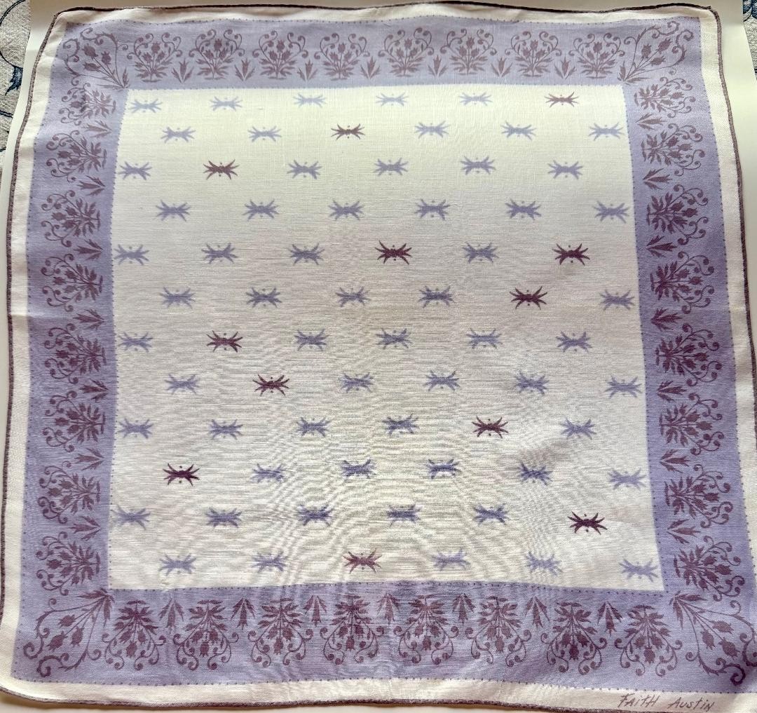 VINTAGE FAITH AUSTIN Purple and White Fine Linen HANDKERCHIEF SIGNED