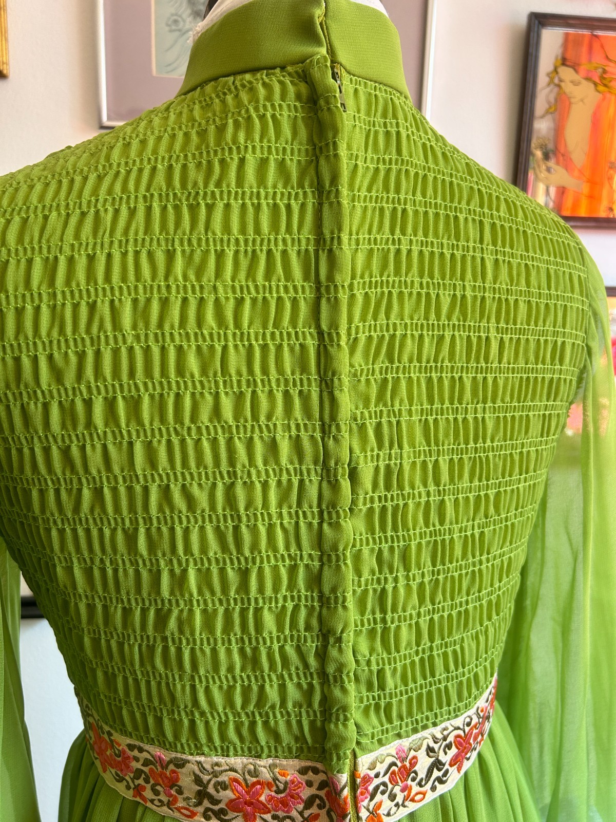 Vintage 70s Chartreuse Chiffon Maxi Dress Gown Boho Victorian Medieval Revival