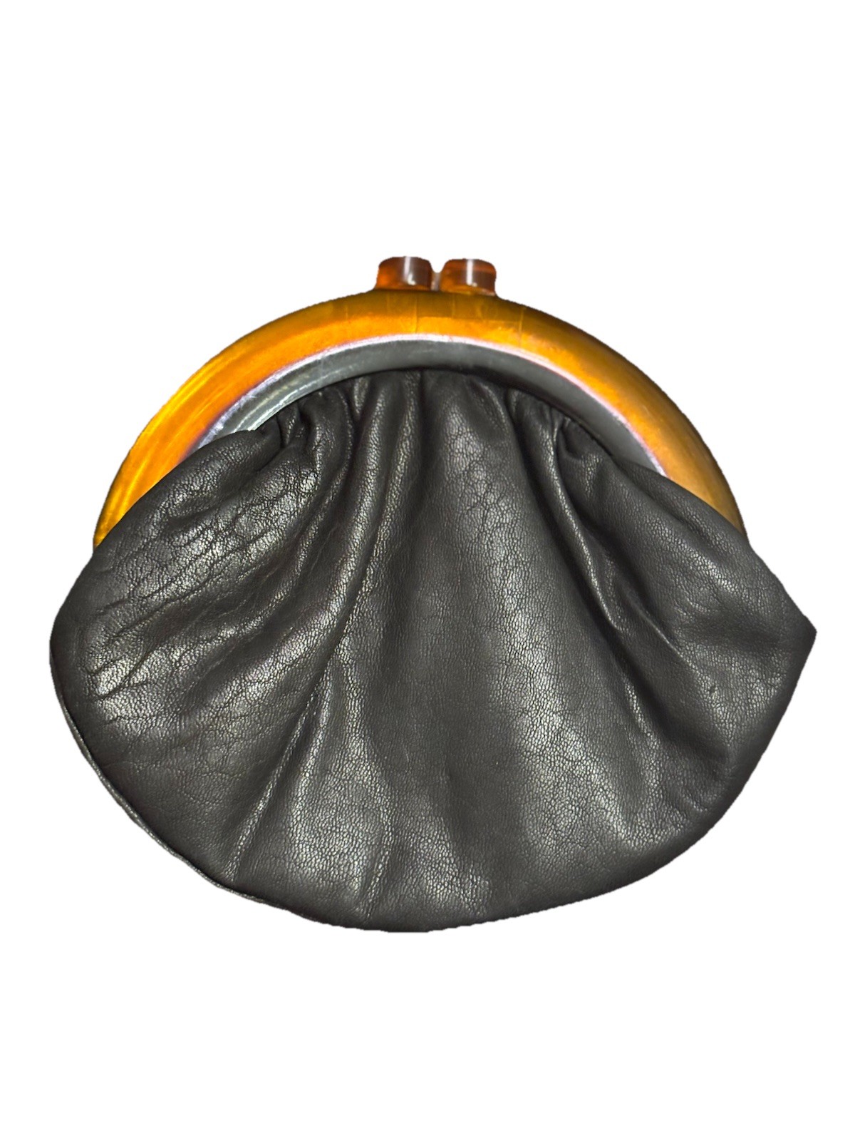 Vintage Budd Leather Black Coin Purse Amber Lucite Frame Clasp