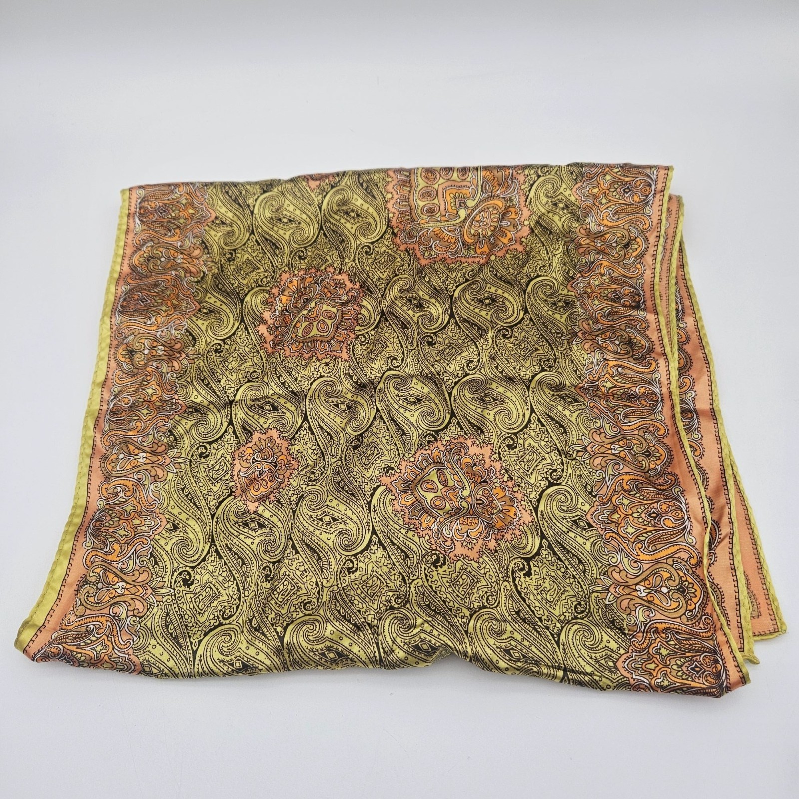 Vintage Suzette Silky Scarf Yellow Orange Paisley Floral Boho Hippy Mod 15″x53″